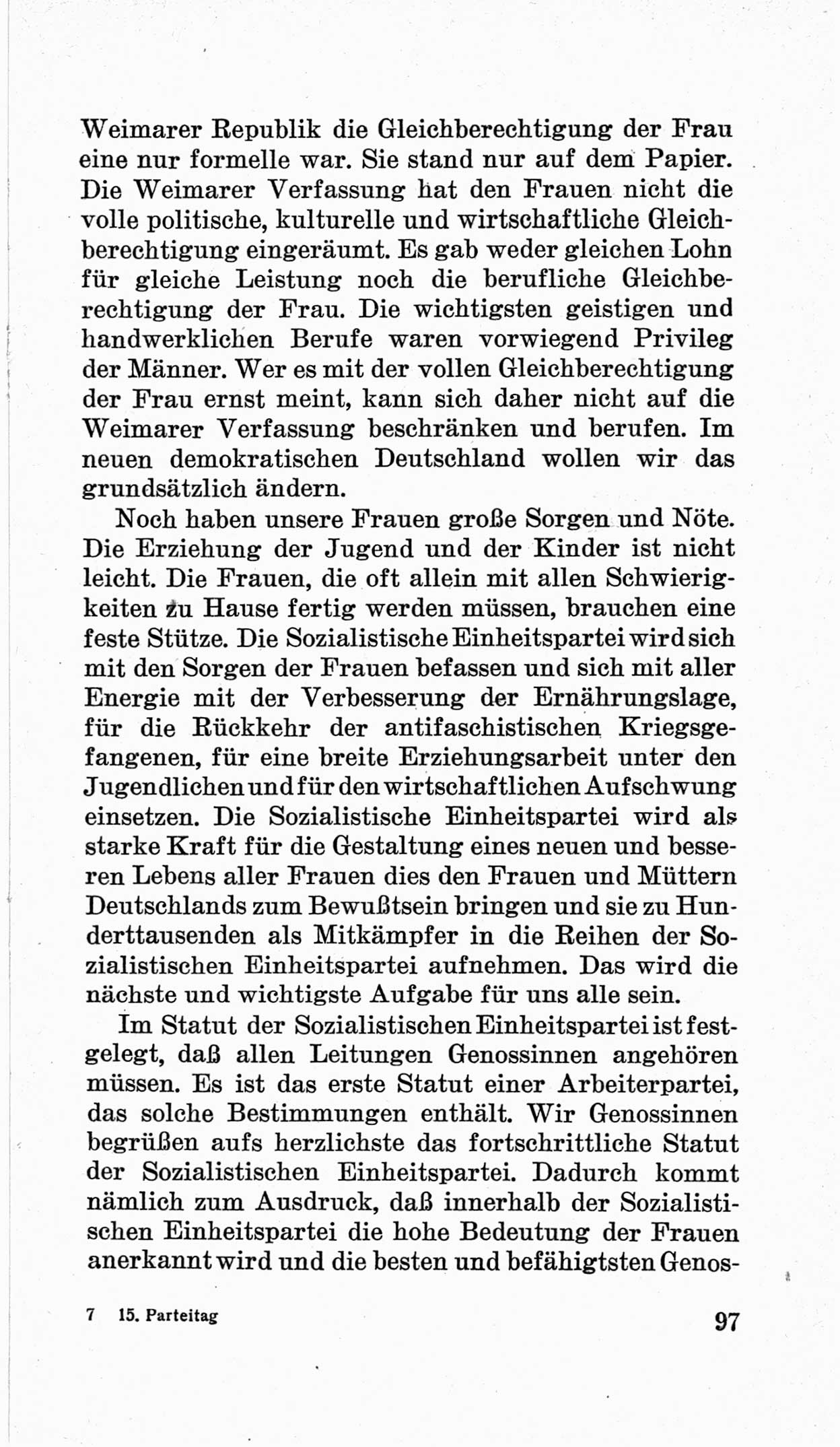 Bericht über die Verhandlungen des 15. Parteitages der Kommunistischen Partei Deutschlands (KPD) [Sowjetische Besatzungszone (SBZ) Deutschlands] am 19. und 20. April 1946 in Berlin, Seite 97 (Ber. Verh. 15. PT KPD SBZ Dtl. 1946, S. 97)