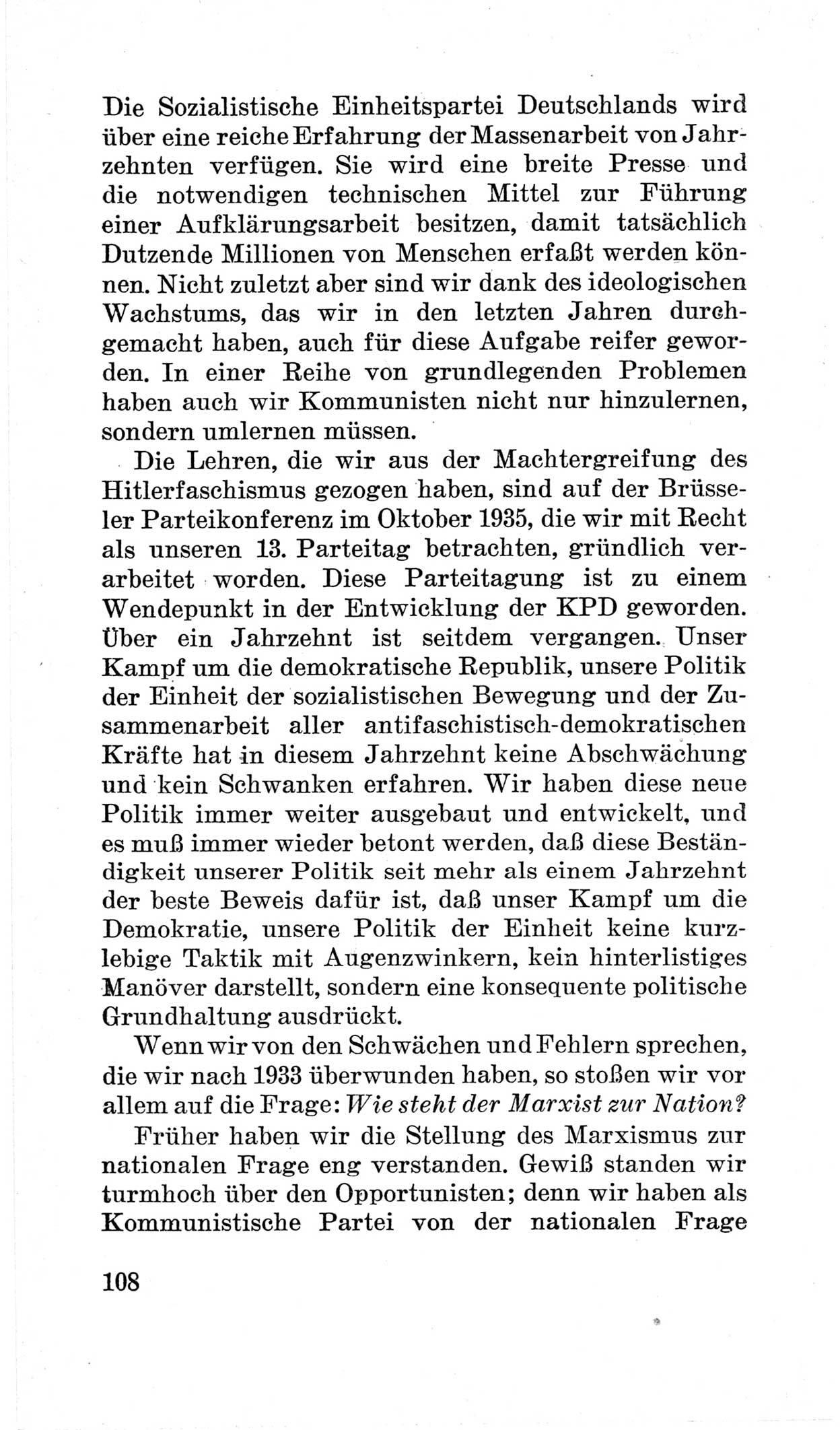 Bericht über die Verhandlungen des 15. Parteitages der Kommunistischen Partei Deutschlands (KPD) [Sowjetische Besatzungszone (SBZ) Deutschlands] am 19. und 20. April 1946 in Berlin, Seite 108 (Ber. Verh. 15. PT KPD SBZ Dtl. 1946, S. 108)