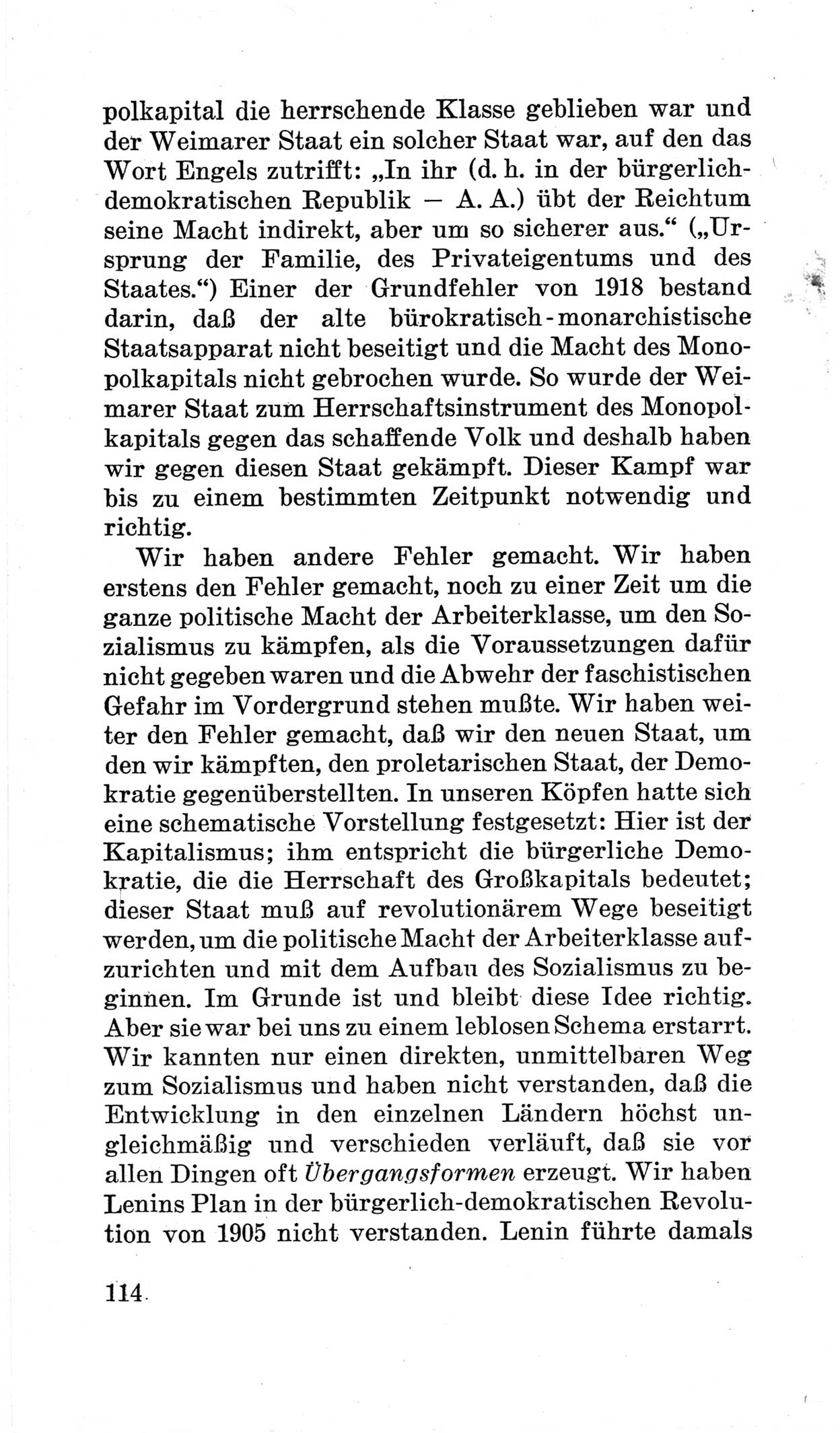 Bericht über die Verhandlungen des 15. Parteitages der Kommunistischen Partei Deutschlands (KPD) [Sowjetische Besatzungszone (SBZ) Deutschlands] am 19. und 20. April 1946 in Berlin, Seite 114 (Ber. Verh. 15. PT KPD SBZ Dtl. 1946, S. 114)