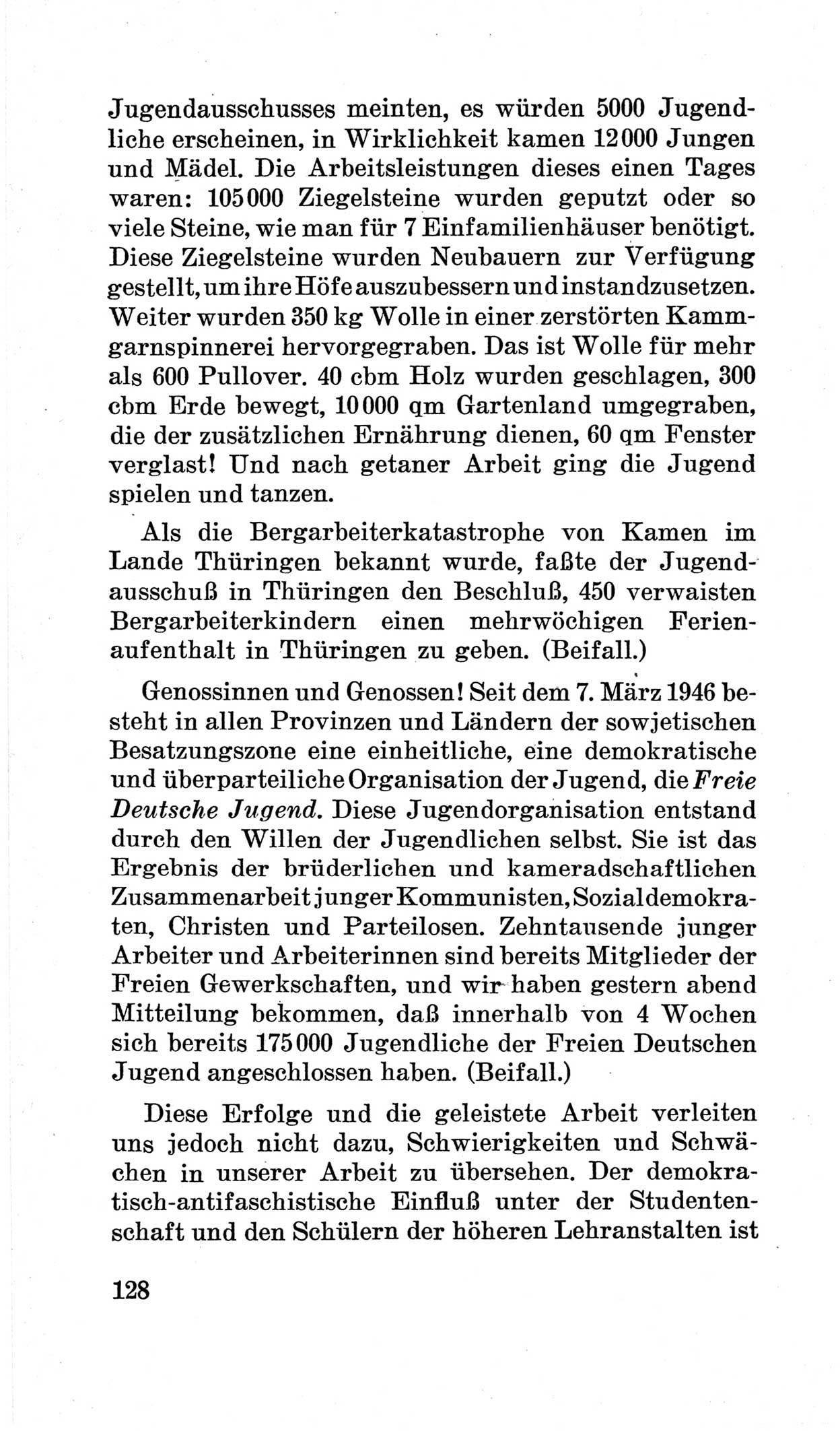 Bericht über die Verhandlungen des 15. Parteitages der Kommunistischen Partei Deutschlands (KPD) [Sowjetische Besatzungszone (SBZ) Deutschlands] am 19. und 20. April 1946 in Berlin, Seite 128 (Ber. Verh. 15. PT KPD SBZ Dtl. 1946, S. 128)