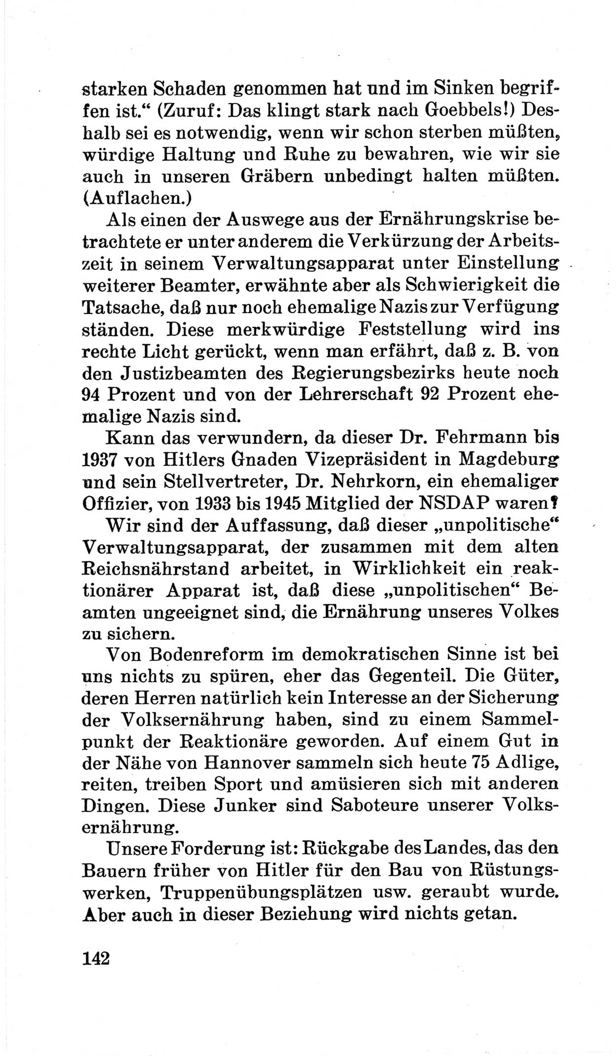 Bericht über die Verhandlungen des 15. Parteitages der Kommunistischen Partei Deutschlands (KPD) [Sowjetische Besatzungszone (SBZ) Deutschlands] am 19. und 20. April 1946 in Berlin, Seite 142 (Ber. Verh. 15. PT KPD SBZ Dtl. 1946, S. 142)