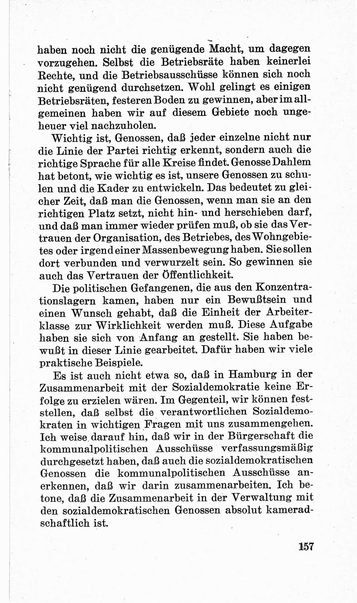 Bericht über die Verhandlungen des 15. Parteitages der Kommunistischen Partei Deutschlands (KPD) [Sowjetische Besatzungszone (SBZ) Deutschlands] am 19. und 20. April 1946 in Berlin, Seite 157 (Ber. Verh. 15. PT KPD SBZ Dtl. 1946, S. 157)