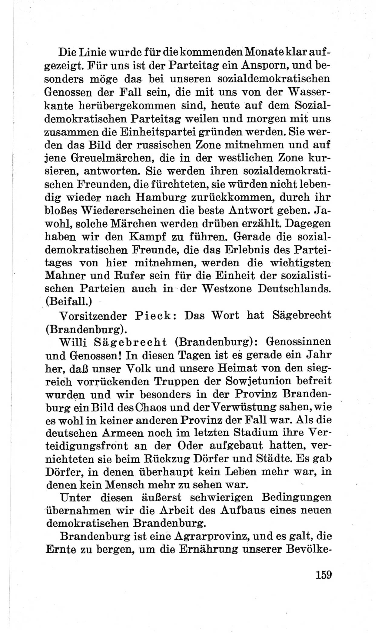 Bericht über die Verhandlungen des 15. Parteitages der Kommunistischen Partei Deutschlands (KPD) [Sowjetische Besatzungszone (SBZ) Deutschlands] am 19. und 20. April 1946 in Berlin, Seite 159 (Ber. Verh. 15. PT KPD SBZ Dtl. 1946, S. 159)