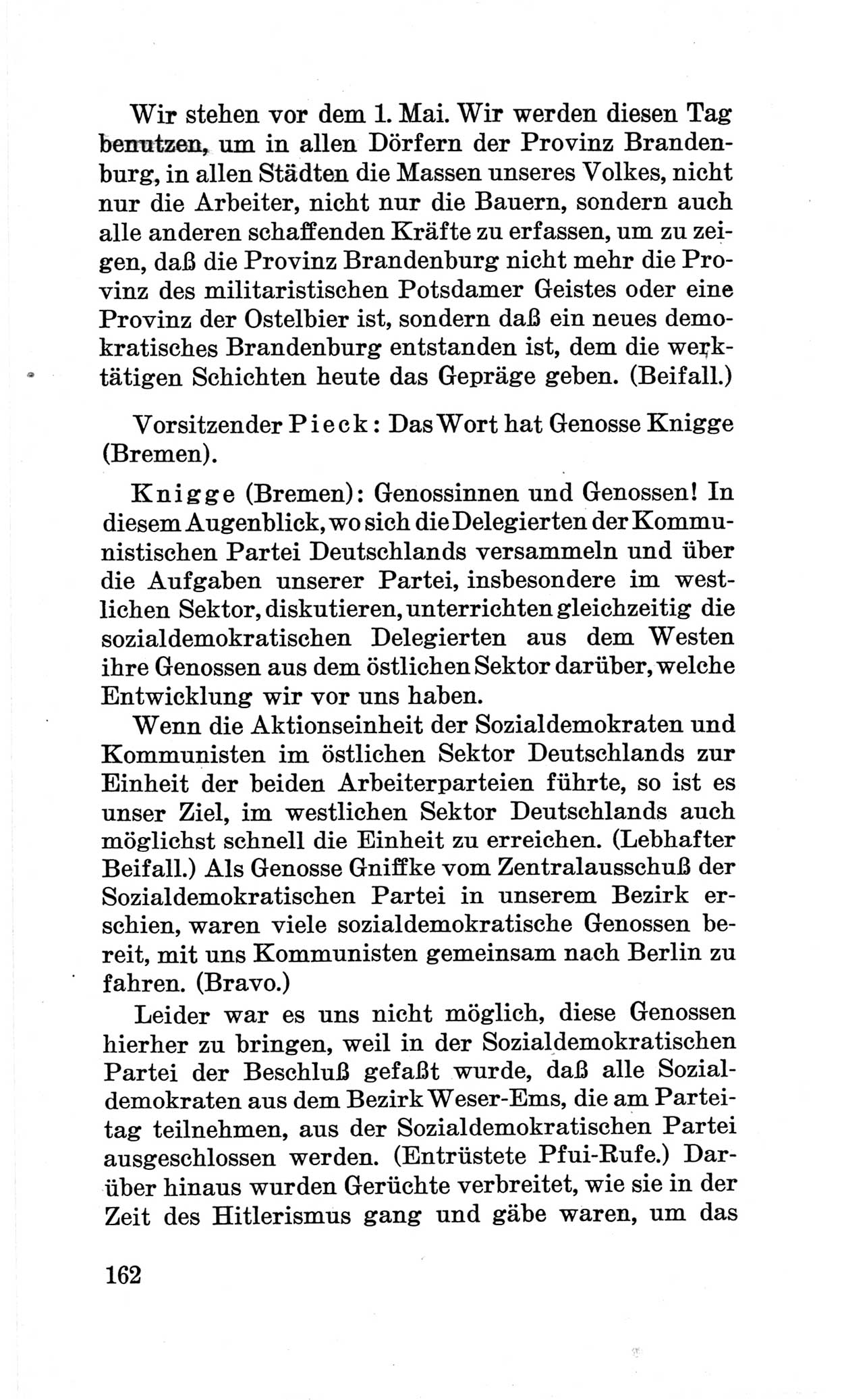 Bericht über die Verhandlungen des 15. Parteitages der Kommunistischen Partei Deutschlands (KPD) [Sowjetische Besatzungszone (SBZ) Deutschlands] am 19. und 20. April 1946 in Berlin, Seite 162 (Ber. Verh. 15. PT KPD SBZ Dtl. 1946, S. 162)