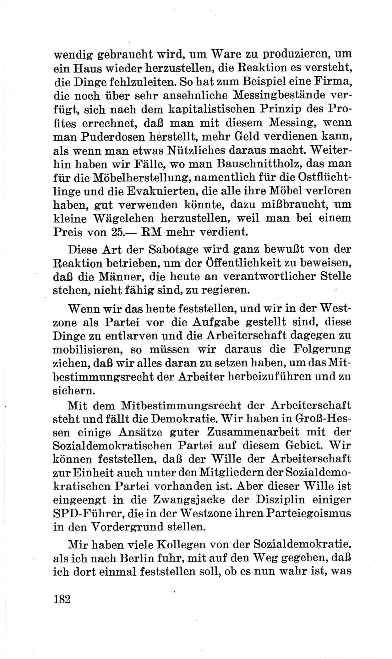 Bericht über die Verhandlungen des 15. Parteitages der Kommunistischen Partei Deutschlands (KPD) [Sowjetische Besatzungszone (SBZ) Deutschlands] am 19. und 20. April 1946 in Berlin, Seite 182 (Ber. Verh. 15. PT KPD SBZ Dtl. 1946, S. 182)