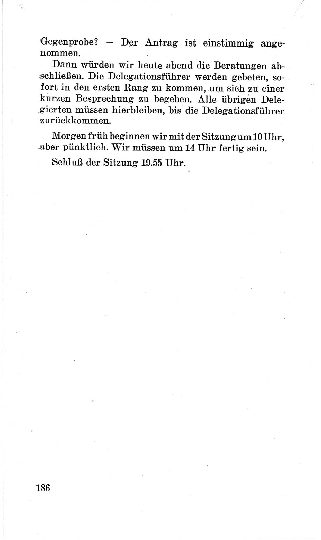 Bericht über die Verhandlungen des 15. Parteitages der Kommunistischen Partei Deutschlands (KPD) [Sowjetische Besatzungszone (SBZ) Deutschlands] am 19. und 20. April 1946 in Berlin, Seite 186 (Ber. Verh. 15. PT KPD SBZ Dtl. 1946, S. 186)