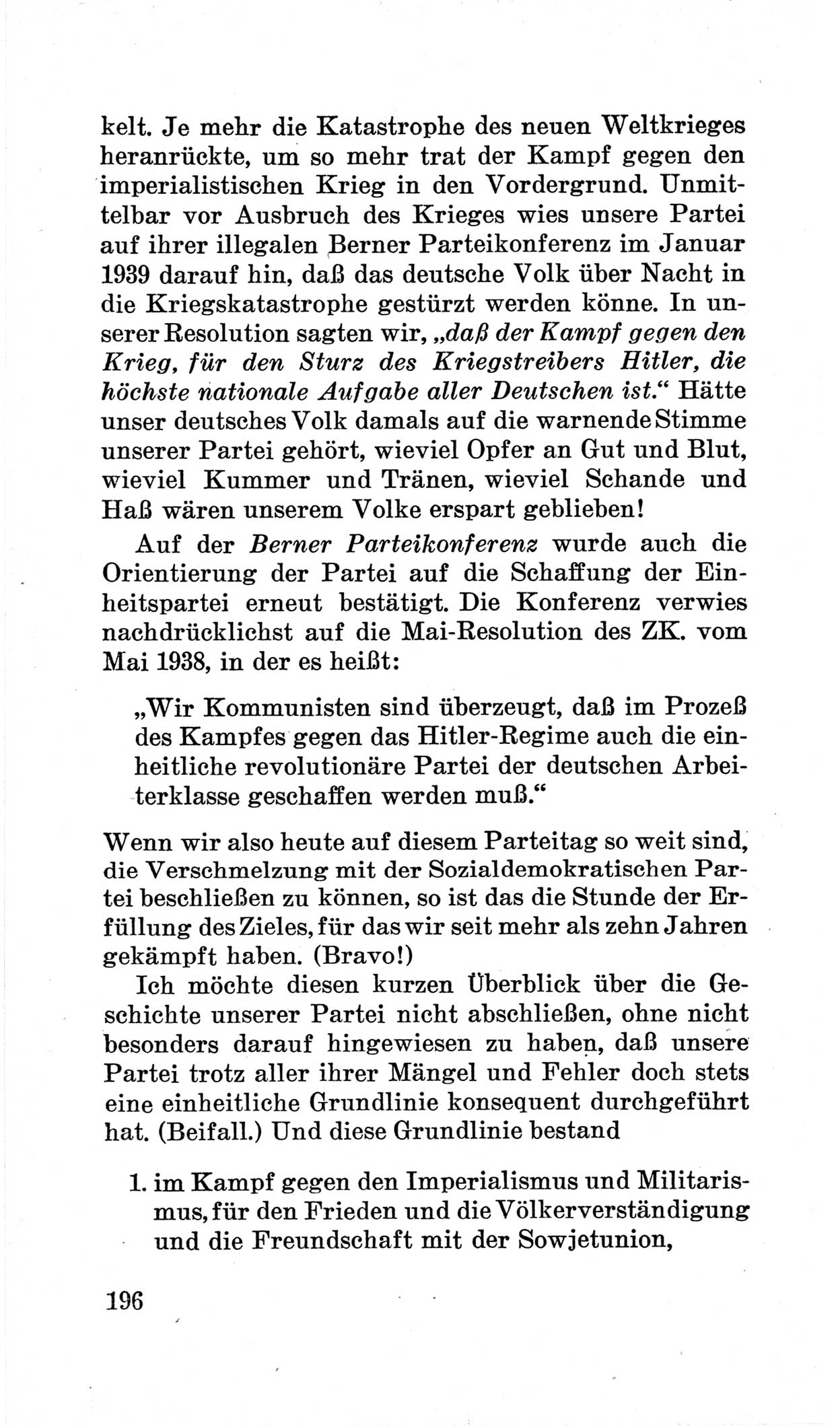 Bericht über die Verhandlungen des 15. Parteitages der Kommunistischen Partei Deutschlands (KPD) [Sowjetische Besatzungszone (SBZ) Deutschlands] am 19. und 20. April 1946 in Berlin, Seite 196 (Ber. Verh. 15. PT KPD SBZ Dtl. 1946, S. 196)