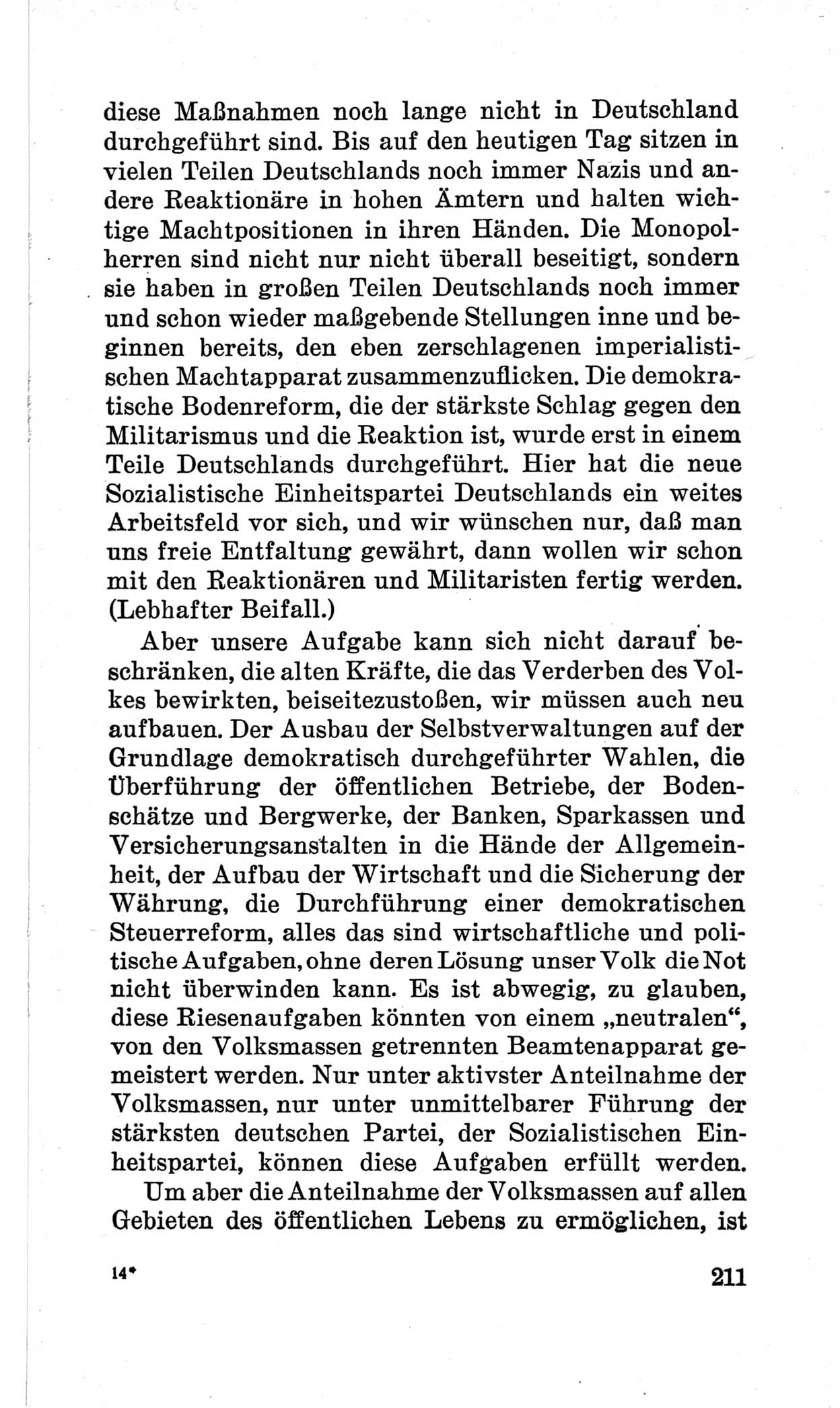 Bericht über die Verhandlungen des 15. Parteitages der Kommunistischen Partei Deutschlands (KPD) [Sowjetische Besatzungszone (SBZ) Deutschlands] am 19. und 20. April 1946 in Berlin, Seite 211 (Ber. Verh. 15. PT KPD SBZ Dtl. 1946, S. 211)