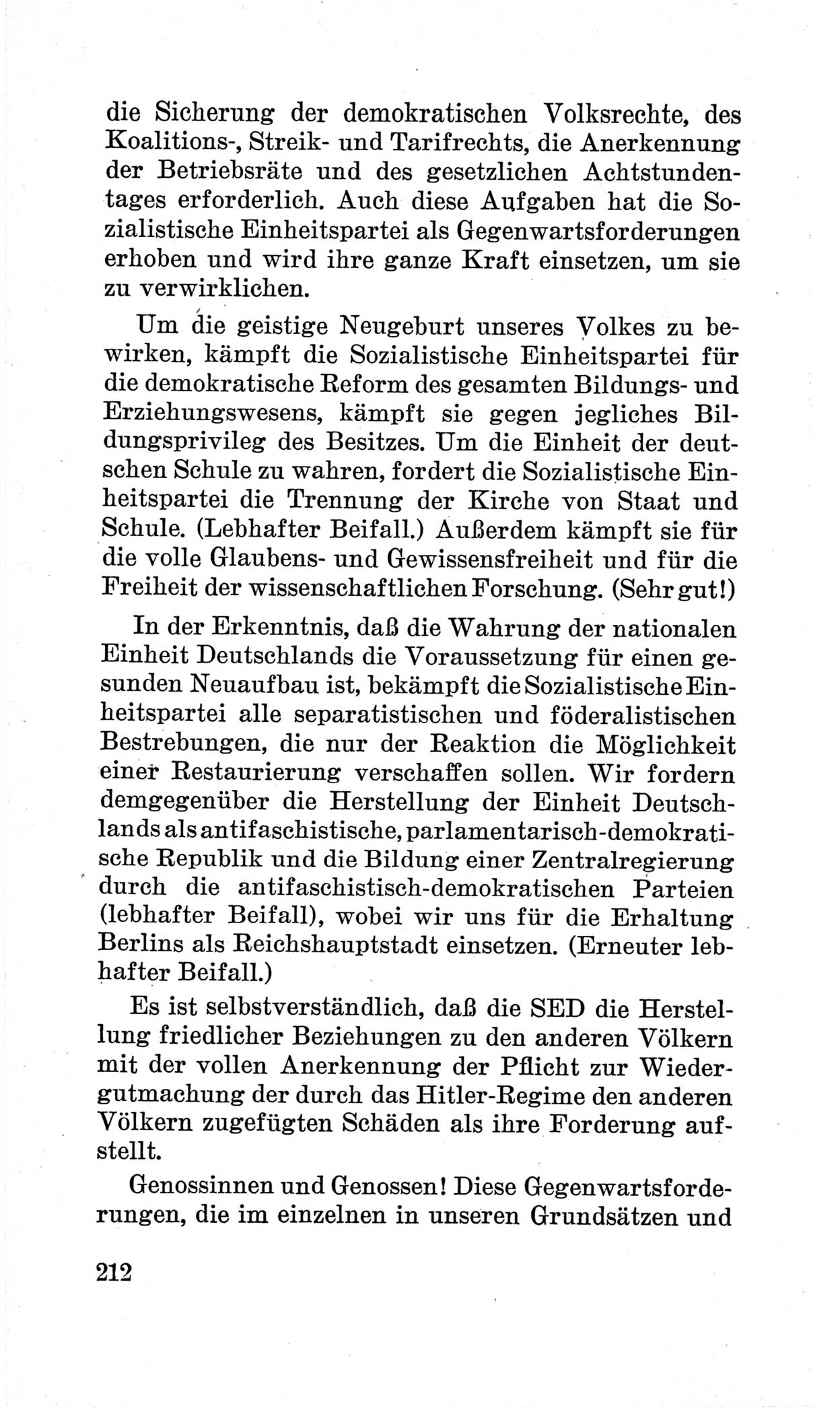 Bericht über die Verhandlungen des 15. Parteitages der Kommunistischen Partei Deutschlands (KPD) [Sowjetische Besatzungszone (SBZ) Deutschlands] am 19. und 20. April 1946 in Berlin, Seite 212 (Ber. Verh. 15. PT KPD SBZ Dtl. 1946, S. 212)