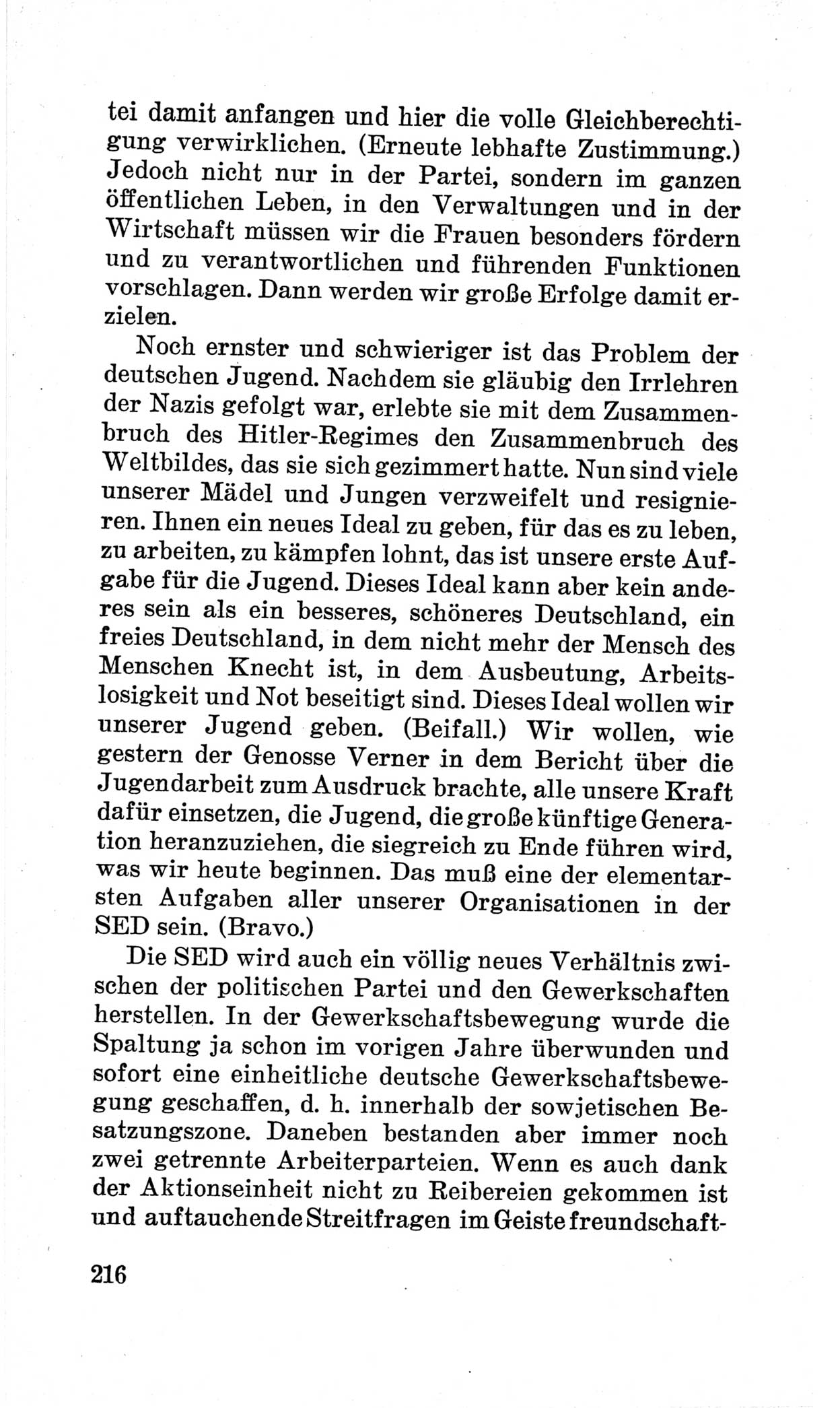 Bericht über die Verhandlungen des 15. Parteitages der Kommunistischen Partei Deutschlands (KPD) [Sowjetische Besatzungszone (SBZ) Deutschlands] am 19. und 20. April 1946 in Berlin, Seite 216 (Ber. Verh. 15. PT KPD SBZ Dtl. 1946, S. 216)