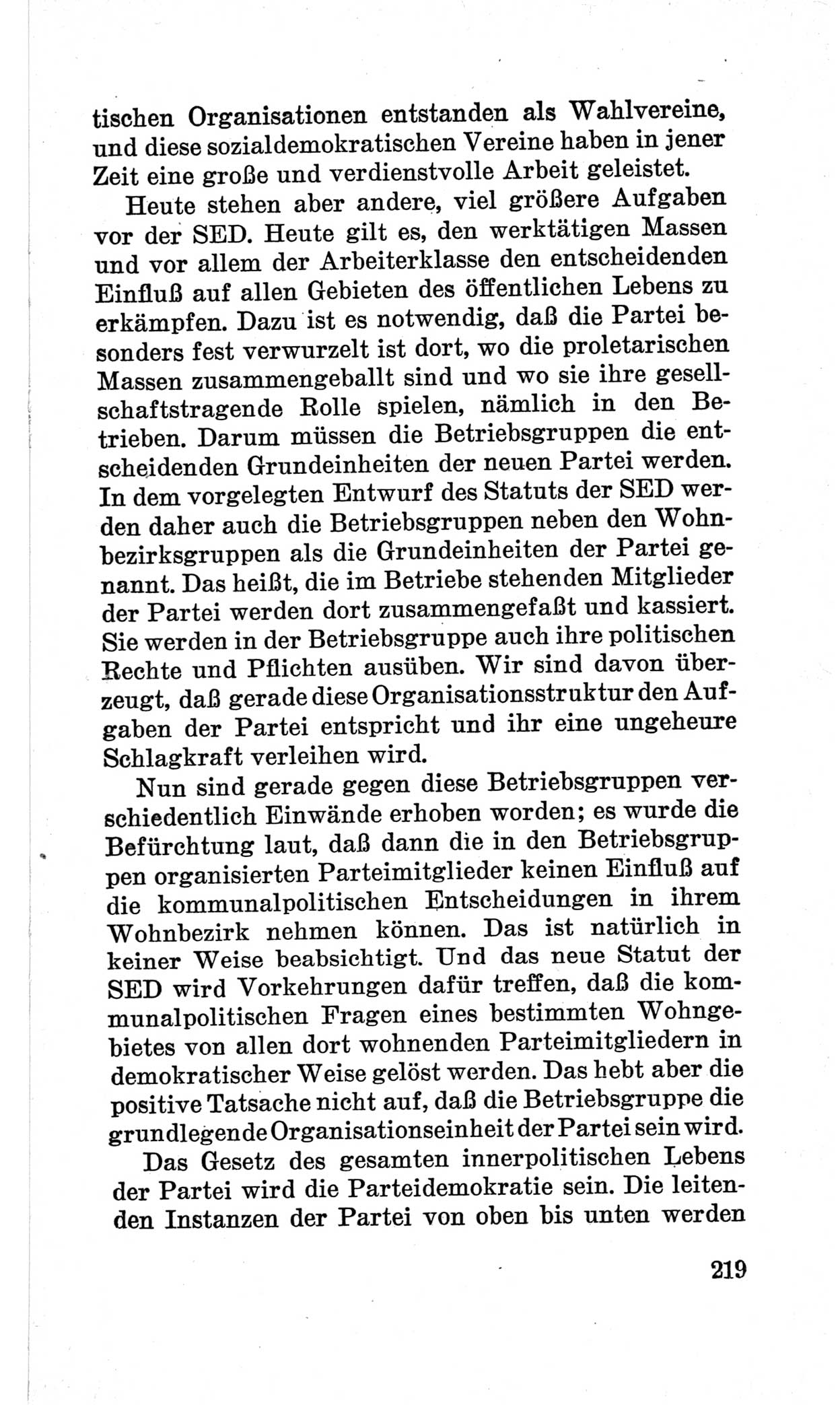 Bericht über die Verhandlungen des 15. Parteitages der Kommunistischen Partei Deutschlands (KPD) [Sowjetische Besatzungszone (SBZ) Deutschlands] am 19. und 20. April 1946 in Berlin, Seite 219 (Ber. Verh. 15. PT KPD SBZ Dtl. 1946, S. 219)