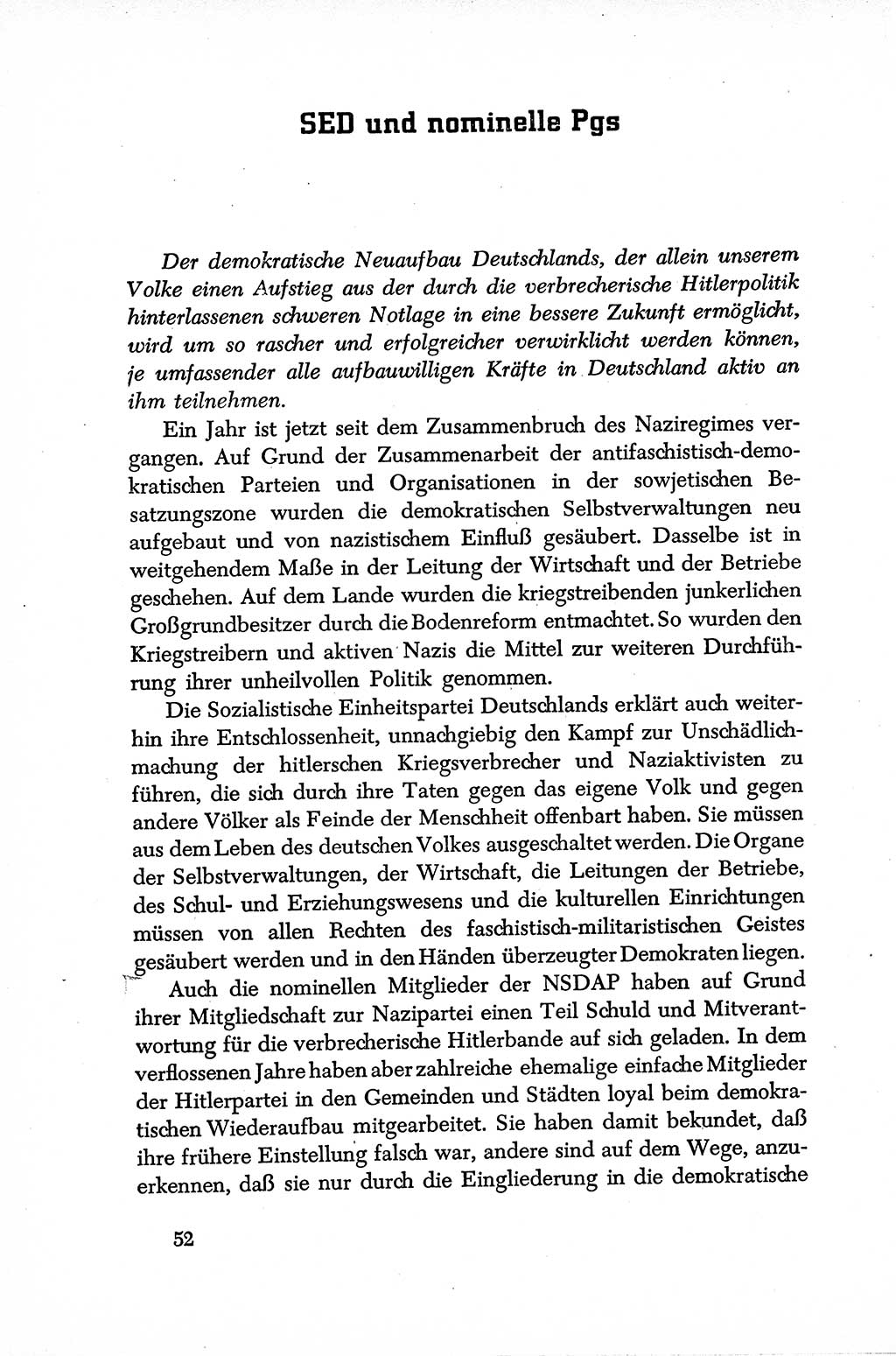 Dokumente der Sozialistischen Einheitspartei Deutschlands (SED) [Sowjetische Besatzungszone (SBZ) Deutschlands] 1946-1948, Seite 52 (Dok. SED SBZ Dtl. 1946-1948, S. 52)
