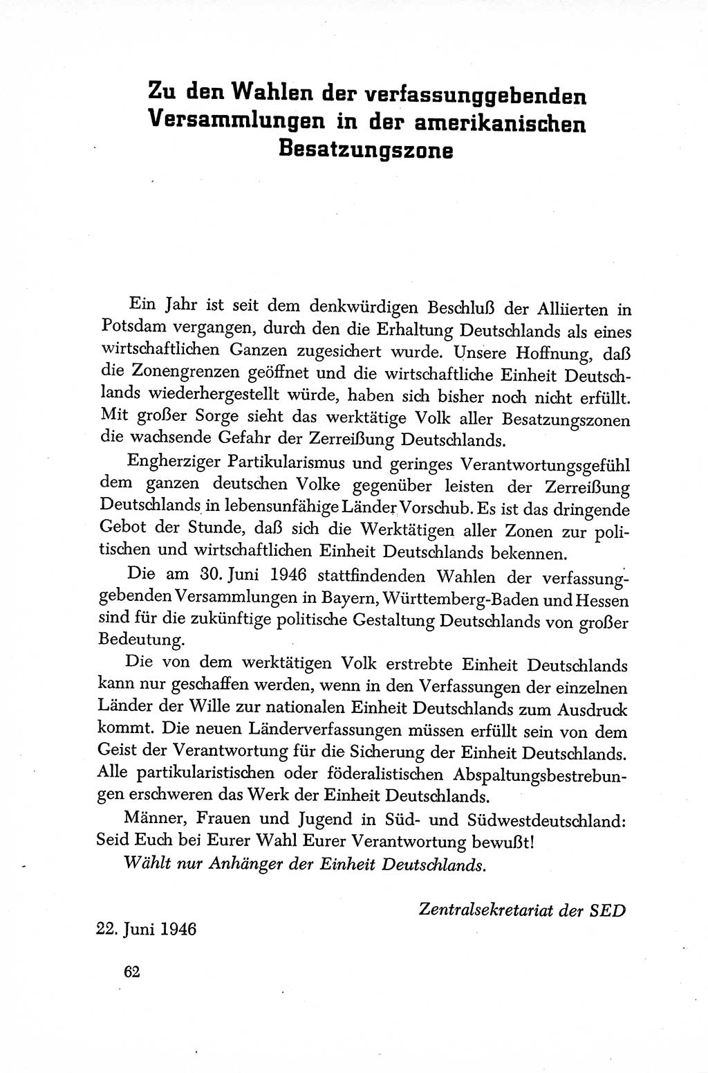 Dokumente der Sozialistischen Einheitspartei Deutschlands (SED) [Sowjetische Besatzungszone (SBZ) Deutschlands] 1946-1948, Seite 62 (Dok. SED SBZ Dtl. 1946-1948, S. 62)