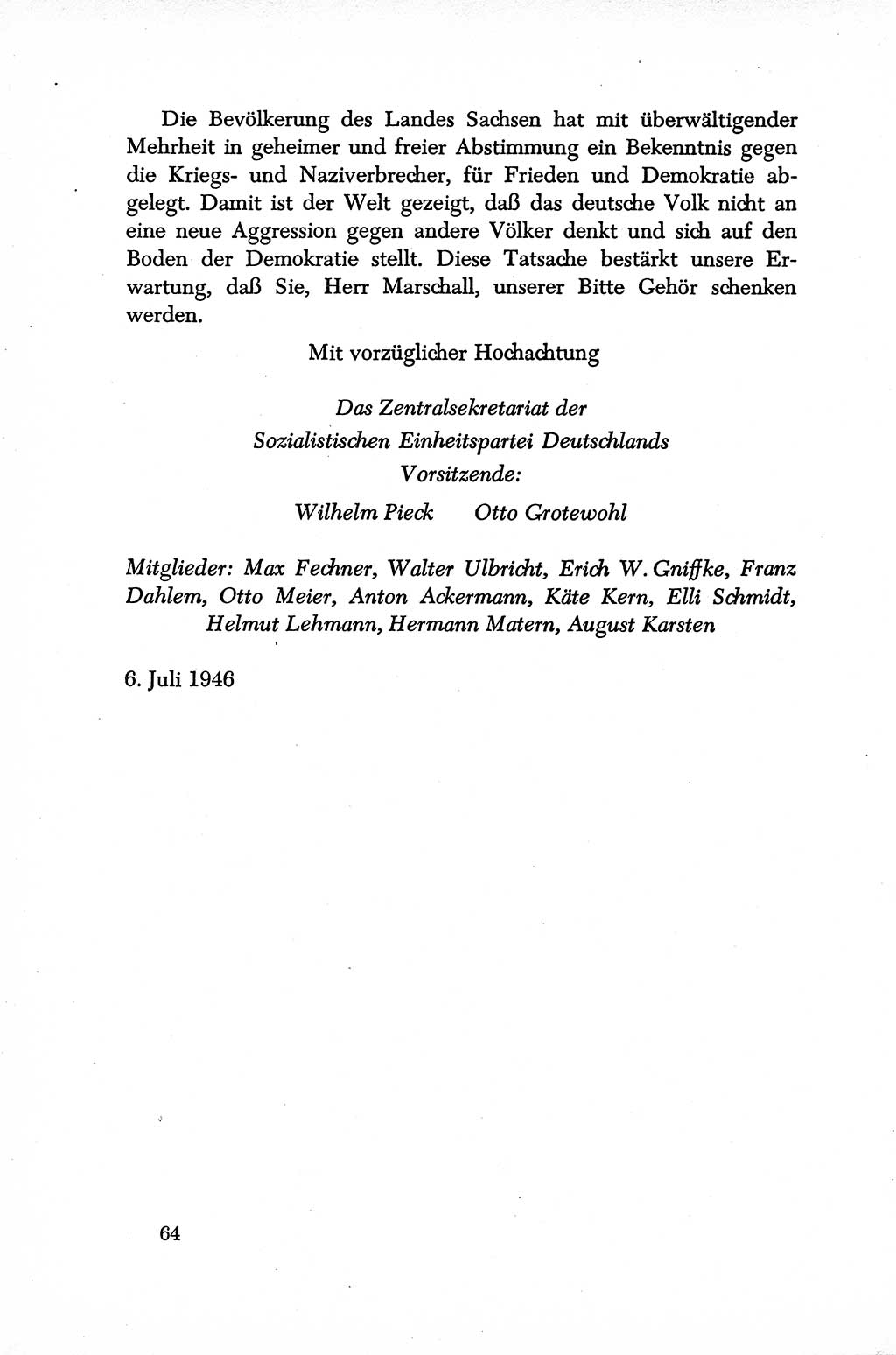 Dokumente der Sozialistischen Einheitspartei Deutschlands (SED) [Sowjetische Besatzungszone (SBZ) Deutschlands] 1946-1948, Seite 64 (Dok. SED SBZ Dtl. 1946-1948, S. 64)