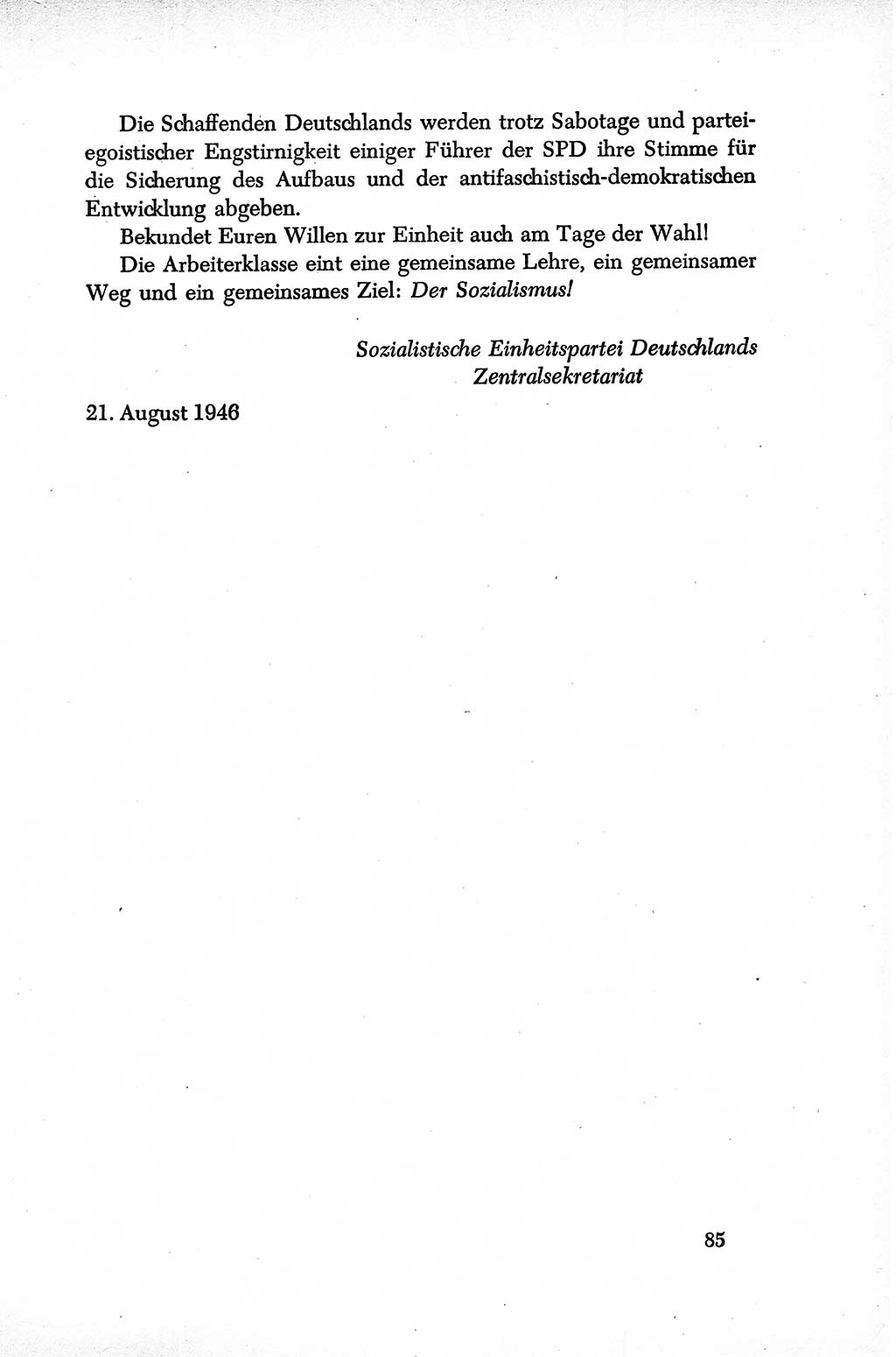 Dokumente der Sozialistischen Einheitspartei Deutschlands (SED) [Sowjetische Besatzungszone (SBZ) Deutschlands] 1946-1948, Seite 85 (Dok. SED SBZ Dtl. 1946-1948, S. 85)