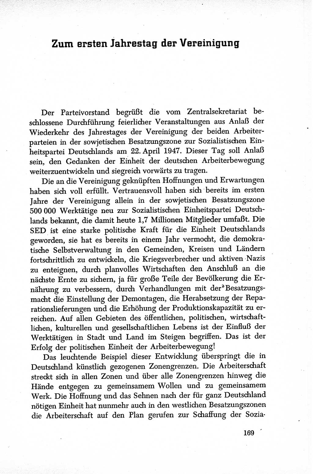 Dokumente der Sozialistischen Einheitspartei Deutschlands (SED) [Sowjetische Besatzungszone (SBZ) Deutschlands] 1946-1948, Seite 169 (Dok. SED SBZ Dtl. 1946-1948, S. 169)