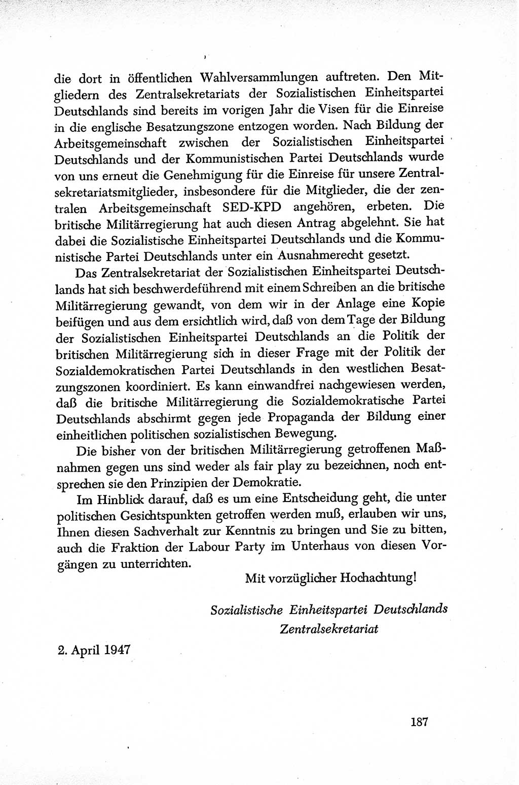 Dokumente der Sozialistischen Einheitspartei Deutschlands (SED) [Sowjetische Besatzungszone (SBZ) Deutschlands] 1946-1948, Seite 187 (Dok. SED SBZ Dtl. 1946-1948, S. 187)