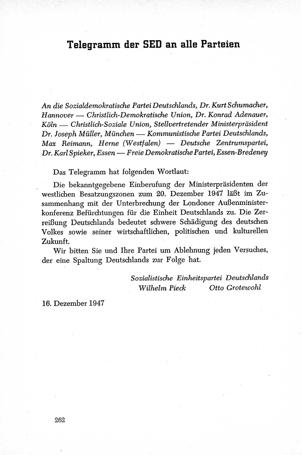 Dokumente der Sozialistischen Einheitspartei Deutschlands (SED) [Sowjetische Besatzungszone (SBZ) Deutschlands] 1946-1948, Seite 262 (Dok. SED SBZ Dtl. 1946-1948, S. 262)