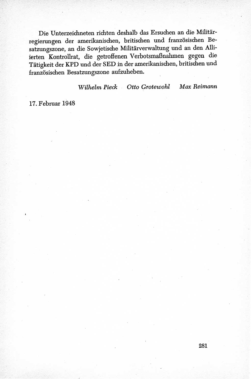 Dokumente der Sozialistischen Einheitspartei Deutschlands (SED) [Sowjetische Besatzungszone (SBZ) Deutschlands] 1946-1948, Seite 281 (Dok. SED SBZ Dtl. 1946-1948, S. 281)