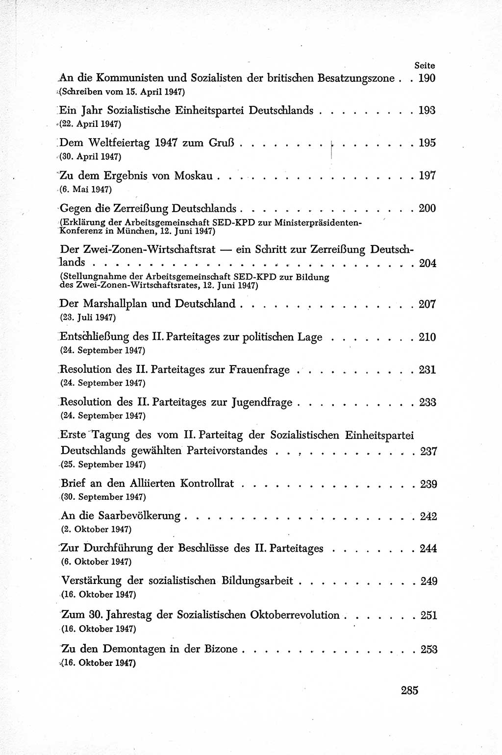 Dokumente der Sozialistischen Einheitspartei Deutschlands (SED) [Sowjetische Besatzungszone (SBZ) Deutschlands] 1946-1948, Seite 285 (Dok. SED SBZ Dtl. 1946-1948, S. 285)