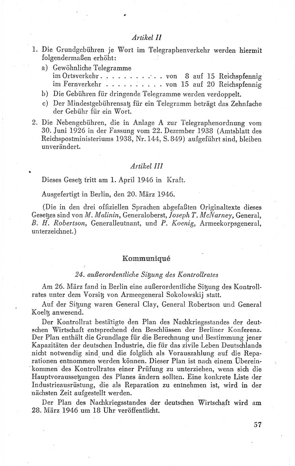 Der Alliierte Kontrollrat für Deutschland - Die Alliierte Kommandantur der Stadt Berlin, Kommuniqués, Gesetze, Direktiven, Befehle, Anordnungen, Sammelheft 2 1946, Seite 57 (AKR Dtl., All. Kdtr. Bln., 1946, S. 57)