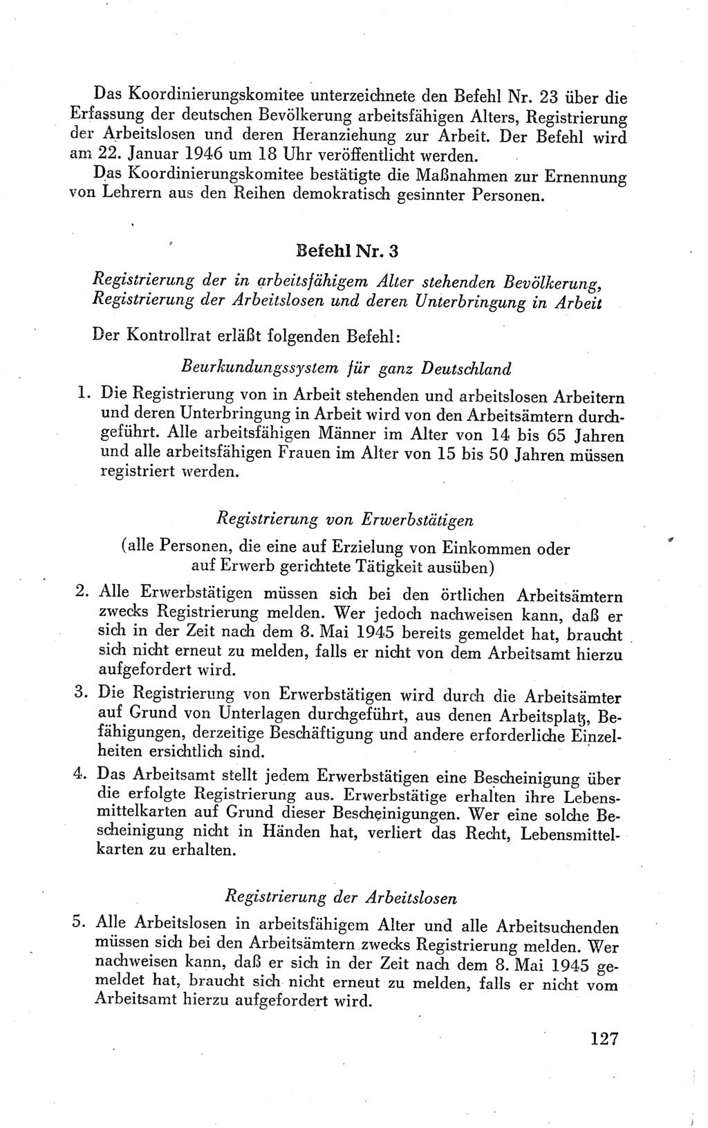 Der Alliierte Kontrollrat für Deutschland - Die Alliierte Kommandantur der Stadt Berlin, Kommuniqués, Gesetze, Direktiven, Befehle, Anordnungen, Sammelheft 2 1946, Seite 127 (AKR Dtl., All. Kdtr. Bln., 1946, S. 127)