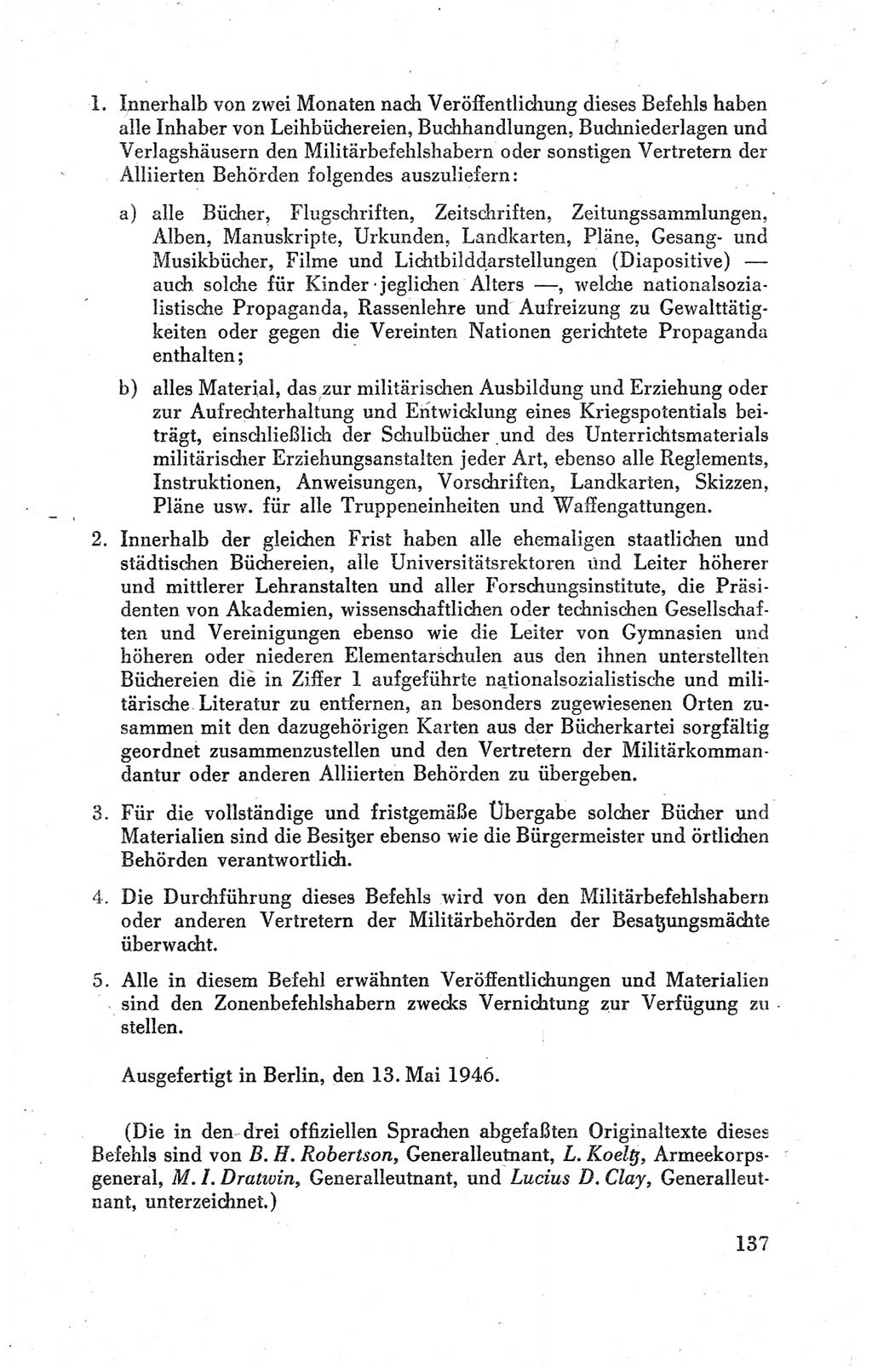 Der Alliierte Kontrollrat für Deutschland - Die Alliierte Kommandantur der Stadt Berlin, Kommuniqués, Gesetze, Direktiven, Befehle, Anordnungen, Sammelheft 2 1946, Seite 137 (AKR Dtl., All. Kdtr. Bln., 1946, S. 137)