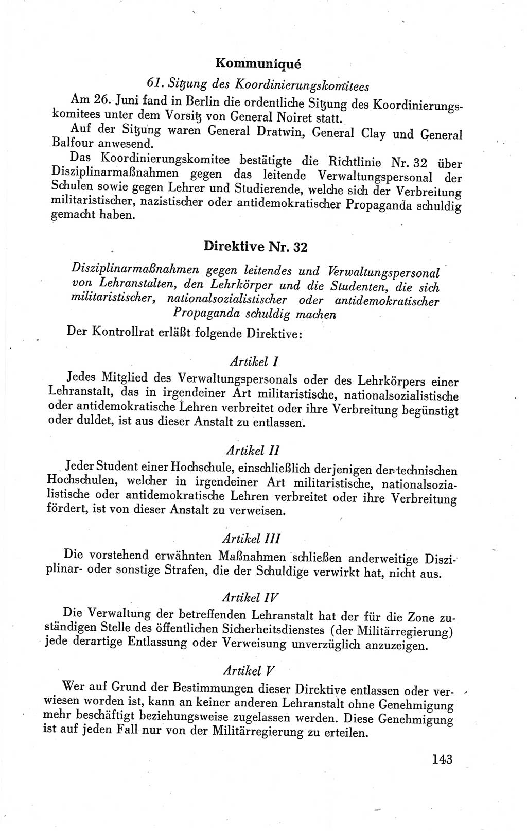 Der Alliierte Kontrollrat für Deutschland - Die Alliierte Kommandantur der Stadt Berlin, Kommuniqués, Gesetze, Direktiven, Befehle, Anordnungen, Sammelheft 2 1946, Seite 143 (AKR Dtl., All. Kdtr. Bln., 1946, S. 143)