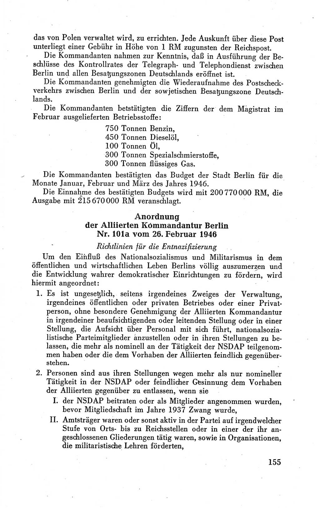 Der Alliierte Kontrollrat für Deutschland - Die Alliierte Kommandantur der Stadt Berlin, Kommuniqués, Gesetze, Direktiven, Befehle, Anordnungen, Sammelheft 2 1946, Seite 155 (AKR Dtl., All. Kdtr. Bln., 1946, S. 155)