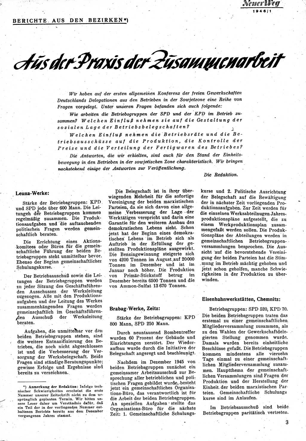 Neuer Weg (NW), Monatsschrift für aktuelle Fragen der Arbeiterbewegung [Zentralkomitee (ZK) Kommunistische Partei Deutschlands (KPD), Sozialistische Einheitspartei Deutschlands (SED)], 1. Jahrgang [Sowjetische Besatzungszone (SBZ) Deutschlands] 1946, Heft 1/3 (NW ZK KPD SED SBZ Dtl. 1946, H. 1/3)