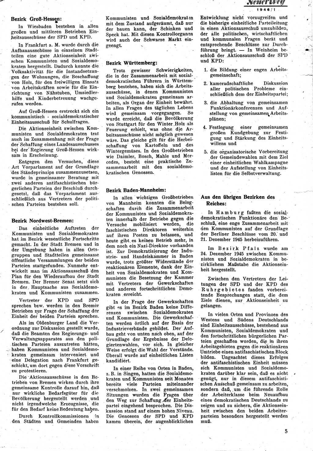 Neuer Weg (NW), Monatsschrift für aktuelle Fragen der Arbeiterbewegung [Zentralkomitee (ZK) Kommunistische Partei Deutschlands (KPD), Sozialistische Einheitspartei Deutschlands (SED)], 1. Jahrgang [Sowjetische Besatzungszone (SBZ) Deutschlands] 1946, Heft 1/5 (NW ZK KPD SED SBZ Dtl. 1946, H. 1/5)