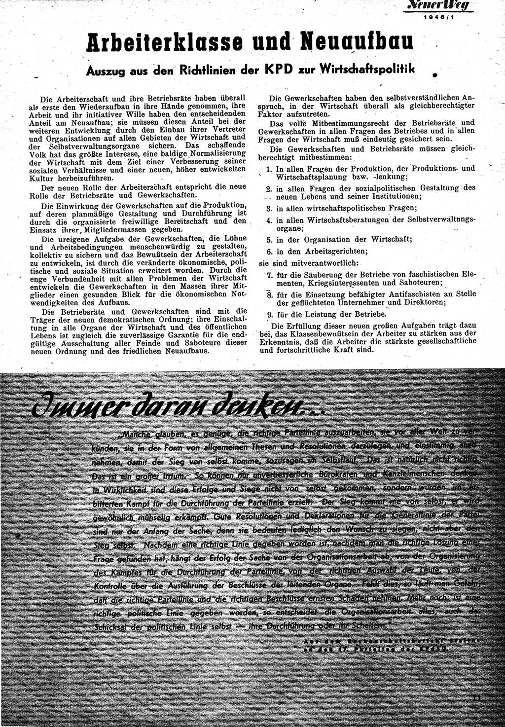 Neuer Weg (NW), Monatsschrift für aktuelle Fragen der Arbeiterbewegung [Zentralkomitee (ZK) Kommunistische Partei Deutschlands (KPD), Sozialistische Einheitspartei Deutschlands (SED)], 1. Jahrgang [Sowjetische Besatzungszone (SBZ) Deutschlands] 1946, Heft 1/11 (NW ZK KPD SED SBZ Dtl. 1946, H. 1/11)