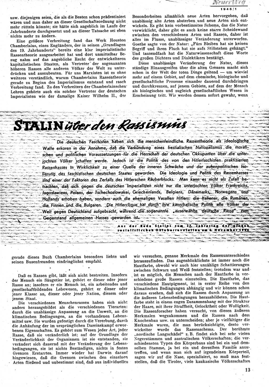 Neuer Weg (NW), Monatsschrift für aktuelle Fragen der Arbeiterbewegung [Zentralkomitee (ZK) Kommunistische Partei Deutschlands (KPD), Sozialistische Einheitspartei Deutschlands (SED)], 1. Jahrgang [Sowjetische Besatzungszone (SBZ) Deutschlands] 1946, Heft 1/13 (NW ZK KPD SED SBZ Dtl. 1946, H. 1/13)