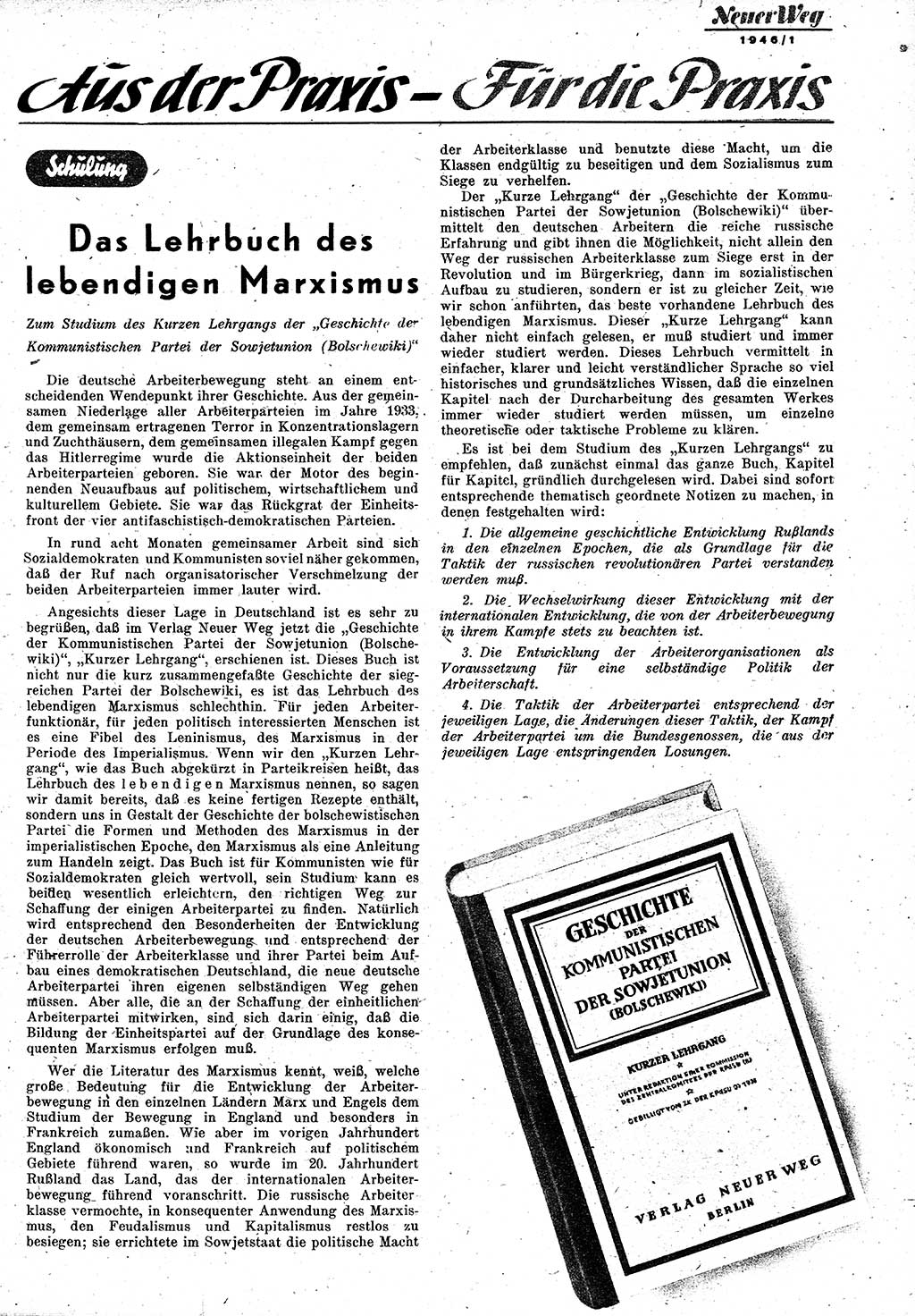 Neuer Weg (NW), Monatsschrift für aktuelle Fragen der Arbeiterbewegung [Zentralkomitee (ZK) Kommunistische Partei Deutschlands (KPD), Sozialistische Einheitspartei Deutschlands (SED)], 1. Jahrgang [Sowjetische Besatzungszone (SBZ) Deutschlands] 1946, Heft 1/29 (NW ZK KPD SED SBZ Dtl. 1946, H. 1/29)