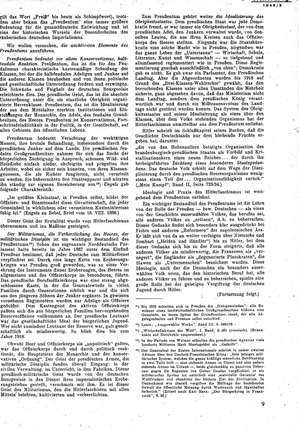 Neuer Weg (NW), Monatsschrift für aktuelle Fragen der Arbeiterbewegung [Zentralkomitee (ZK) Kommunistische Partei Deutschlands (KPD), Sozialistische Einheitspartei Deutschlands (SED)], 1. Jahrgang [Sowjetische Besatzungszone (SBZ) Deutschlands] 1946, Heft 2/9 (NW ZK KPD SED SBZ Dtl. 1946, H. 2/9)