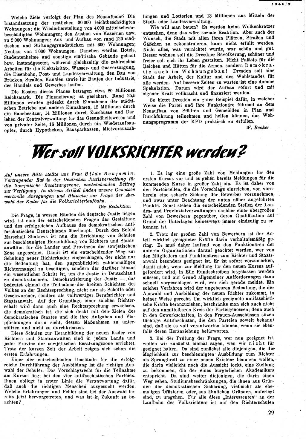 Neuer Weg (NW), Monatsschrift für aktuelle Fragen der Arbeiterbewegung [Zentralkomitee (ZK) Kommunistische Partei Deutschlands (KPD), Sozialistische Einheitspartei Deutschlands (SED)], 1. Jahrgang [Sowjetische Besatzungszone (SBZ) Deutschlands] 1946, Heft 2/23 (NW ZK KPD SED SBZ Dtl. 1946, H. 2/23)