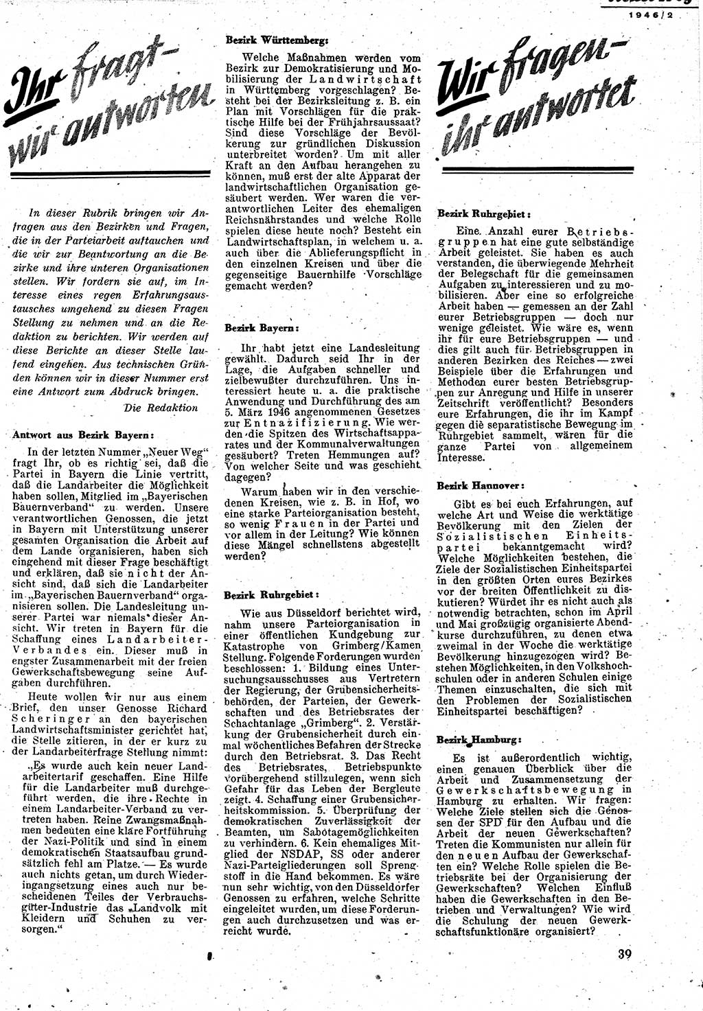Neuer Weg (NW), Monatsschrift für aktuelle Fragen der Arbeiterbewegung [Zentralkomitee (ZK) Kommunistische Partei Deutschlands (KPD), Sozialistische Einheitspartei Deutschlands (SED)], 1. Jahrgang [Sowjetische Besatzungszone (SBZ) Deutschlands] 1946, Heft 2/33 (NW ZK KPD SED SBZ Dtl. 1946, H. 2/33)