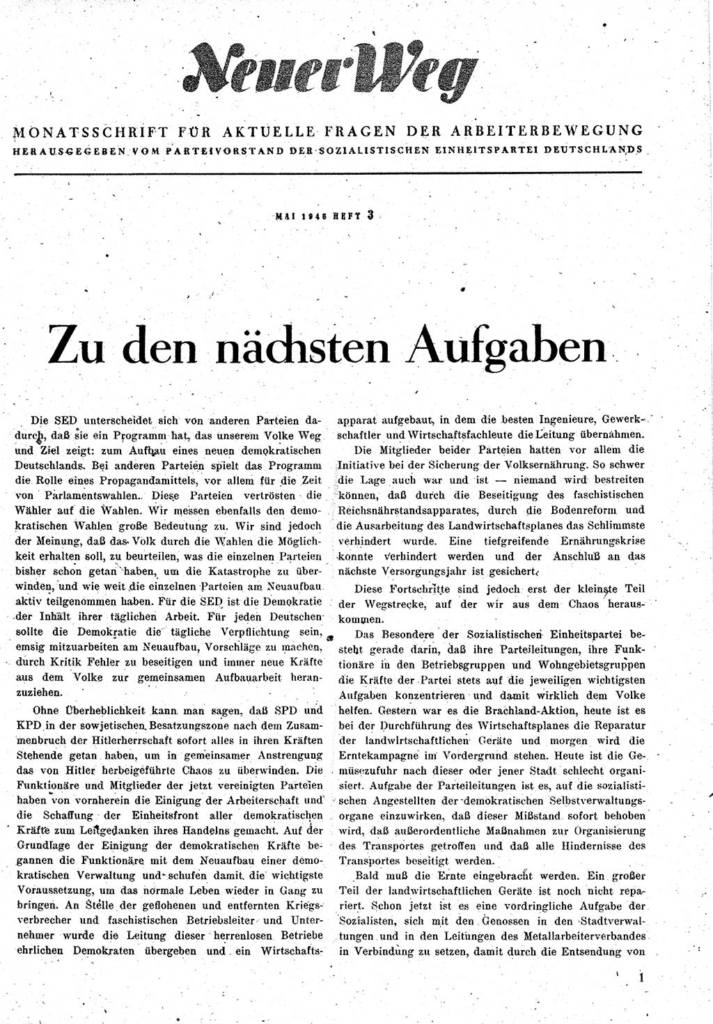 Neuer Weg (NW), Monatsschrift für aktuelle Fragen der Arbeiterbewegung [Zentralkomitee (ZK) Kommunistische Partei Deutschlands (KPD), Sozialistische Einheitspartei Deutschlands (SED)], 1. Jahrgang [Sowjetische Besatzungszone (SBZ) Deutschlands] 1946, Heft 3/1 (NW ZK KPD SED SBZ Dtl. 1946, H. 3/1)
