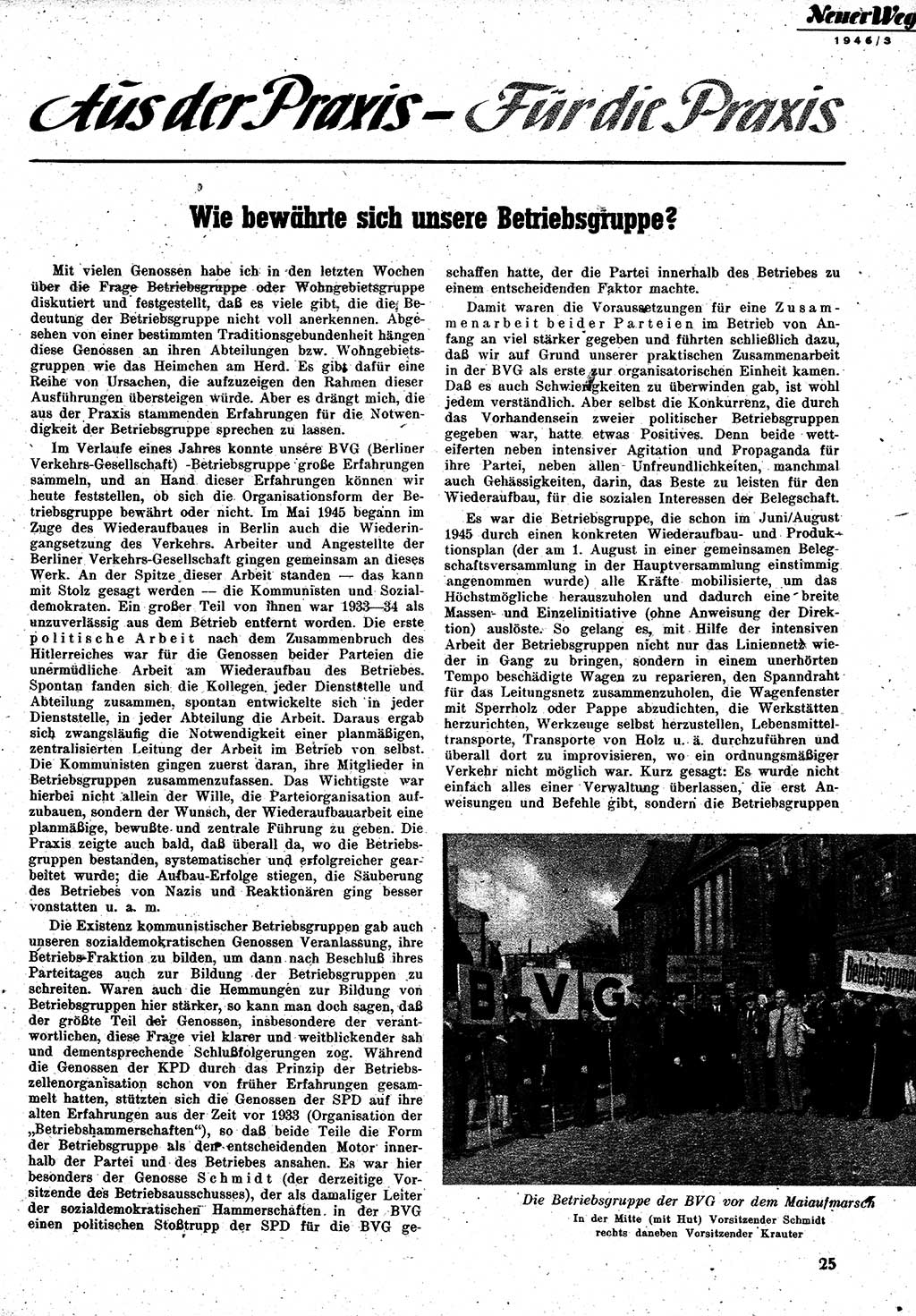 Neuer Weg (NW), Monatsschrift für aktuelle Fragen der Arbeiterbewegung [Zentralkomitee (ZK) Kommunistische Partei Deutschlands (KPD), Sozialistische Einheitspartei Deutschlands (SED)], 1. Jahrgang [Sowjetische Besatzungszone (SBZ) Deutschlands] 1946, Heft 3/25 (NW ZK KPD SED SBZ Dtl. 1946, H. 3/25)