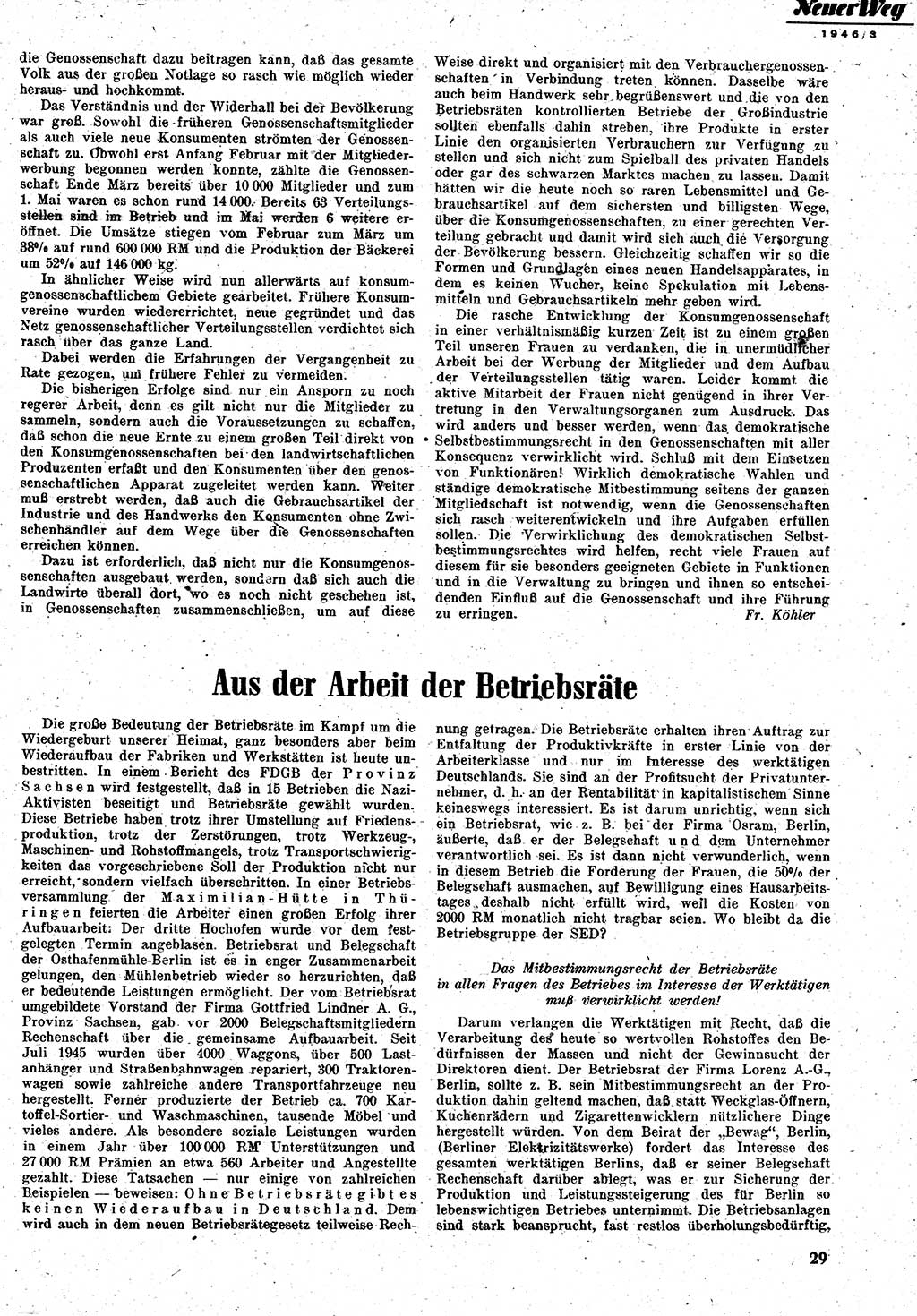 Neuer Weg (NW), Monatsschrift für aktuelle Fragen der Arbeiterbewegung [Zentralkomitee (ZK) Kommunistische Partei Deutschlands (KPD), Sozialistische Einheitspartei Deutschlands (SED)], 1. Jahrgang [Sowjetische Besatzungszone (SBZ) Deutschlands] 1946, Heft 3/29 (NW ZK KPD SED SBZ Dtl. 1946, H. 3/29)