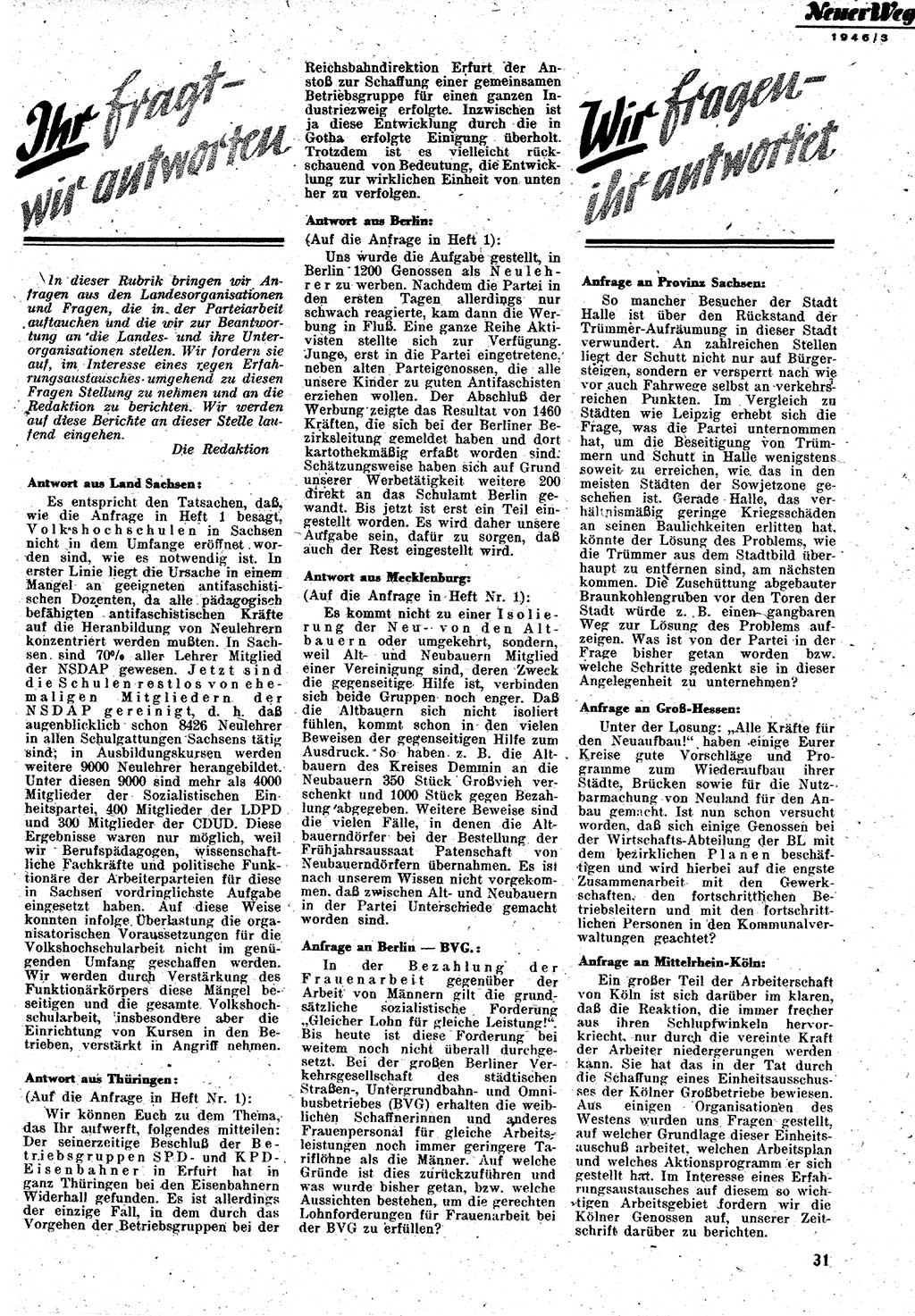 Neuer Weg (NW), Monatsschrift für aktuelle Fragen der Arbeiterbewegung [Zentralkomitee (ZK) Kommunistische Partei Deutschlands (KPD), Sozialistische Einheitspartei Deutschlands (SED)], 1. Jahrgang [Sowjetische Besatzungszone (SBZ) Deutschlands] 1946, Heft 3/31 (NW ZK KPD SED SBZ Dtl. 1946, H. 3/31)