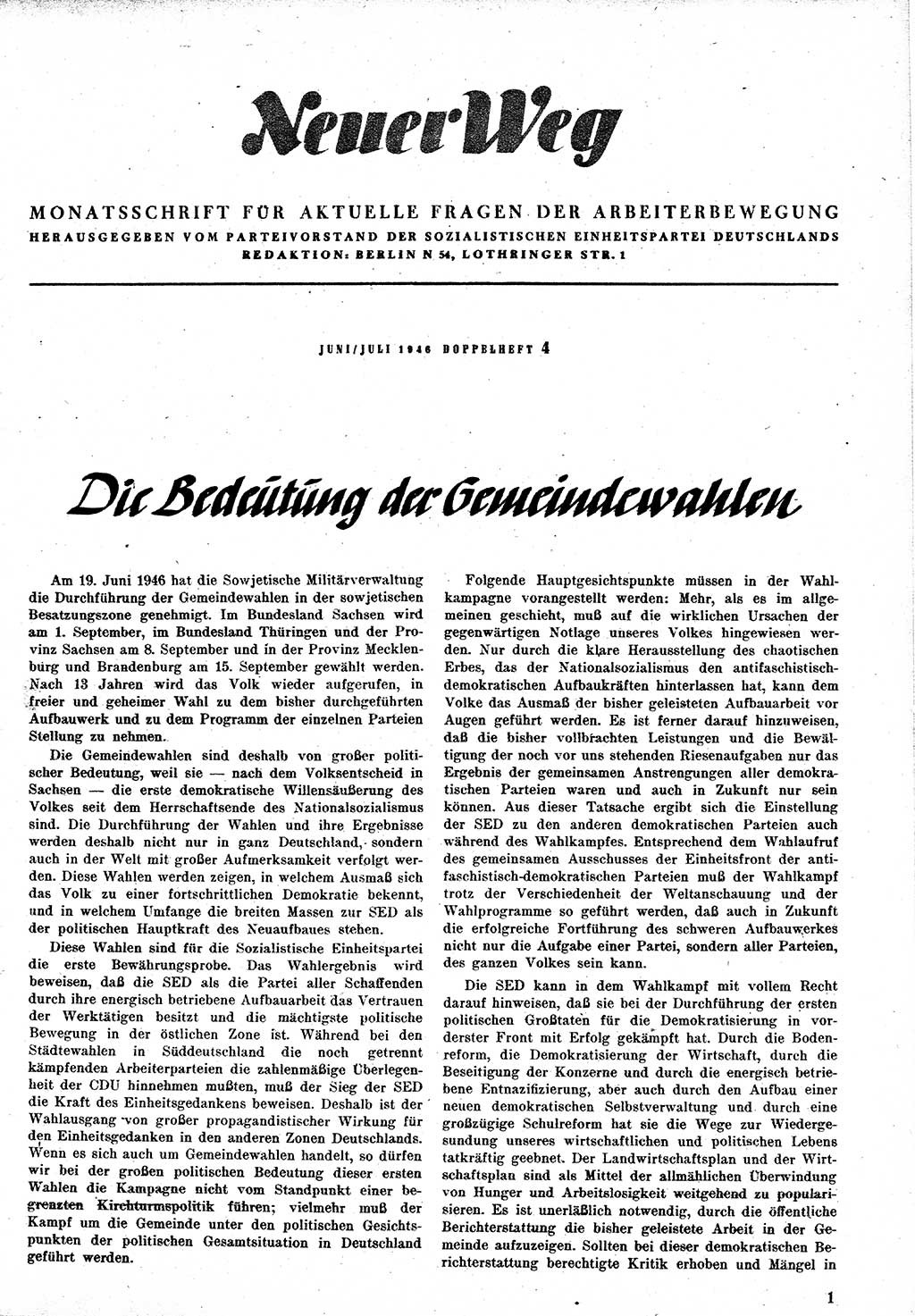 Neuer Weg (NW), Monatsschrift für aktuelle Fragen der Arbeiterbewegung [Zentralkomitee (ZK) Kommunistische Partei Deutschlands (KPD), Sozialistische Einheitspartei Deutschlands (SED)], 1. Jahrgang [Sowjetische Besatzungszone (SBZ) Deutschlands] 1946, Heft 4/1 (NW ZK KPD SED SBZ Dtl. 1946, H. 4/1)