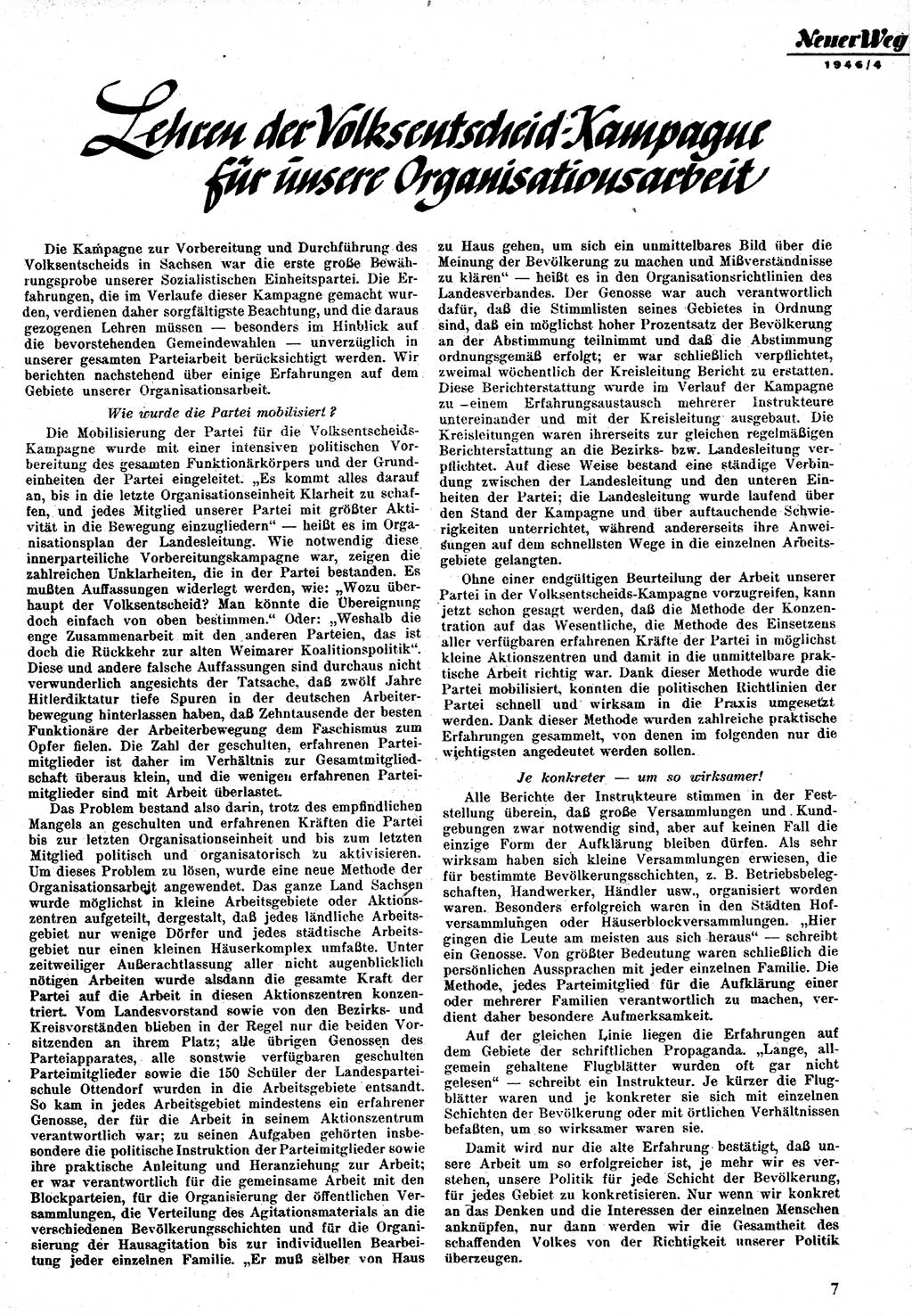 Neuer Weg (NW), Monatsschrift für aktuelle Fragen der Arbeiterbewegung [Zentralkomitee (ZK) Kommunistische Partei Deutschlands (KPD), Sozialistische Einheitspartei Deutschlands (SED)], 1. Jahrgang [Sowjetische Besatzungszone (SBZ) Deutschlands] 1946, Heft 4/7 (NW ZK KPD SED SBZ Dtl. 1946, H. 4/7)