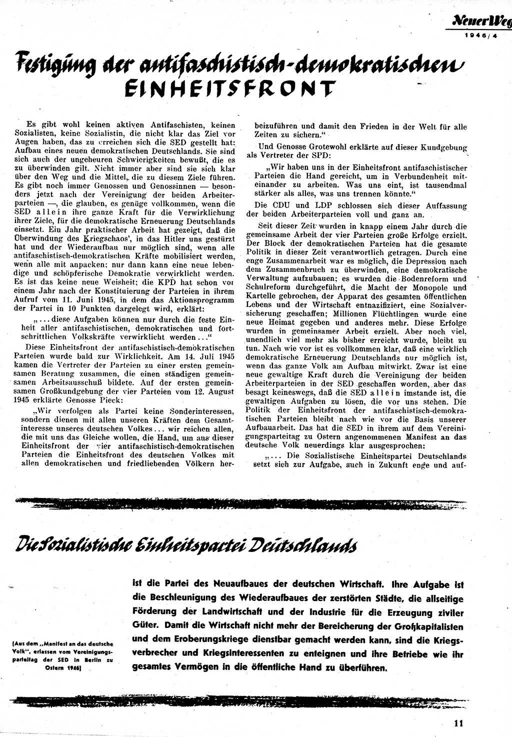Neuer Weg (NW), Monatsschrift für aktuelle Fragen der Arbeiterbewegung [Zentralkomitee (ZK) Kommunistische Partei Deutschlands (KPD), Sozialistische Einheitspartei Deutschlands (SED)], 1. Jahrgang [Sowjetische Besatzungszone (SBZ) Deutschlands] 1946, Heft 4/11 (NW ZK KPD SED SBZ Dtl. 1946, H. 4/11)