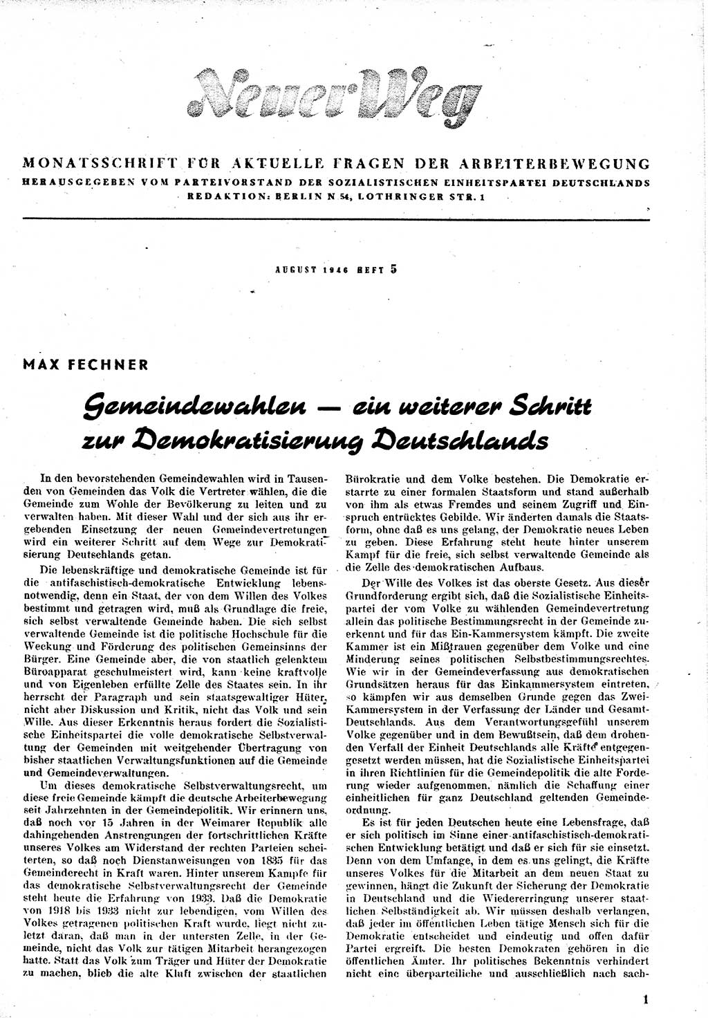 Neuer Weg (NW), Monatsschrift für aktuelle Fragen der Arbeiterbewegung [Zentralkomitee (ZK) Kommunistische Partei Deutschlands (KPD), Sozialistische Einheitspartei Deutschlands (SED)], 1. Jahrgang [Sowjetische Besatzungszone (SBZ) Deutschlands] 1946, Heft 5/1 (NW ZK KPD SED SBZ Dtl. 1946, H. 5/1)