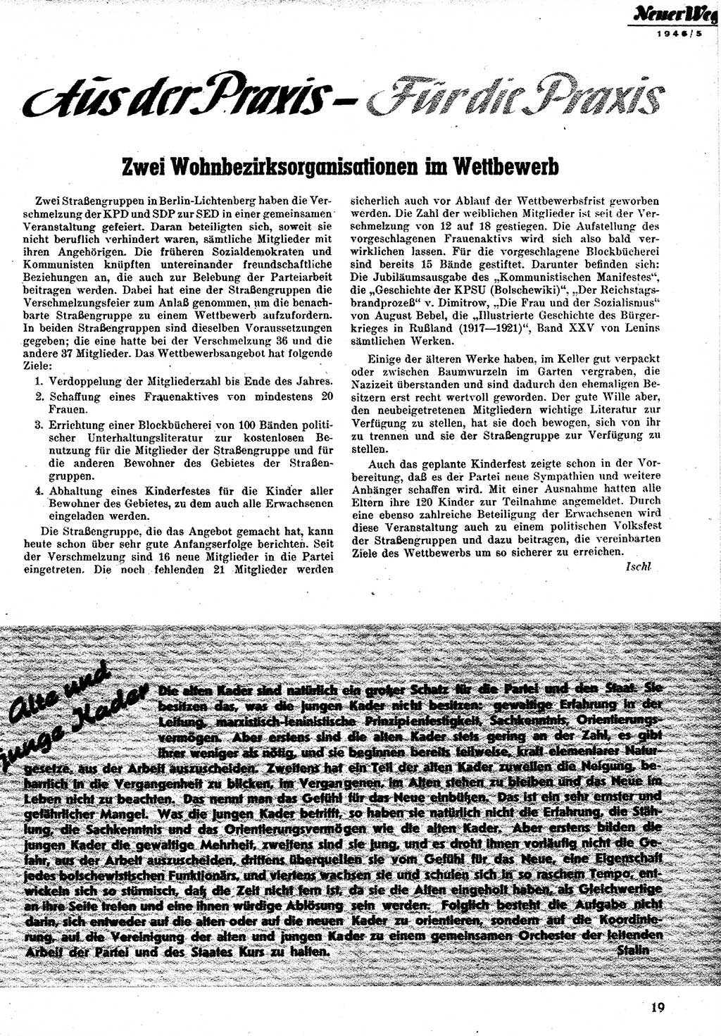 Neuer Weg (NW), Monatsschrift für aktuelle Fragen der Arbeiterbewegung [Zentralkomitee (ZK) Kommunistische Partei Deutschlands (KPD), Sozialistische Einheitspartei Deutschlands (SED)], 1. Jahrgang [Sowjetische Besatzungszone (SBZ) Deutschlands] 1946, Heft 5/19 (NW ZK KPD SED SBZ Dtl. 1946, H. 5/19)