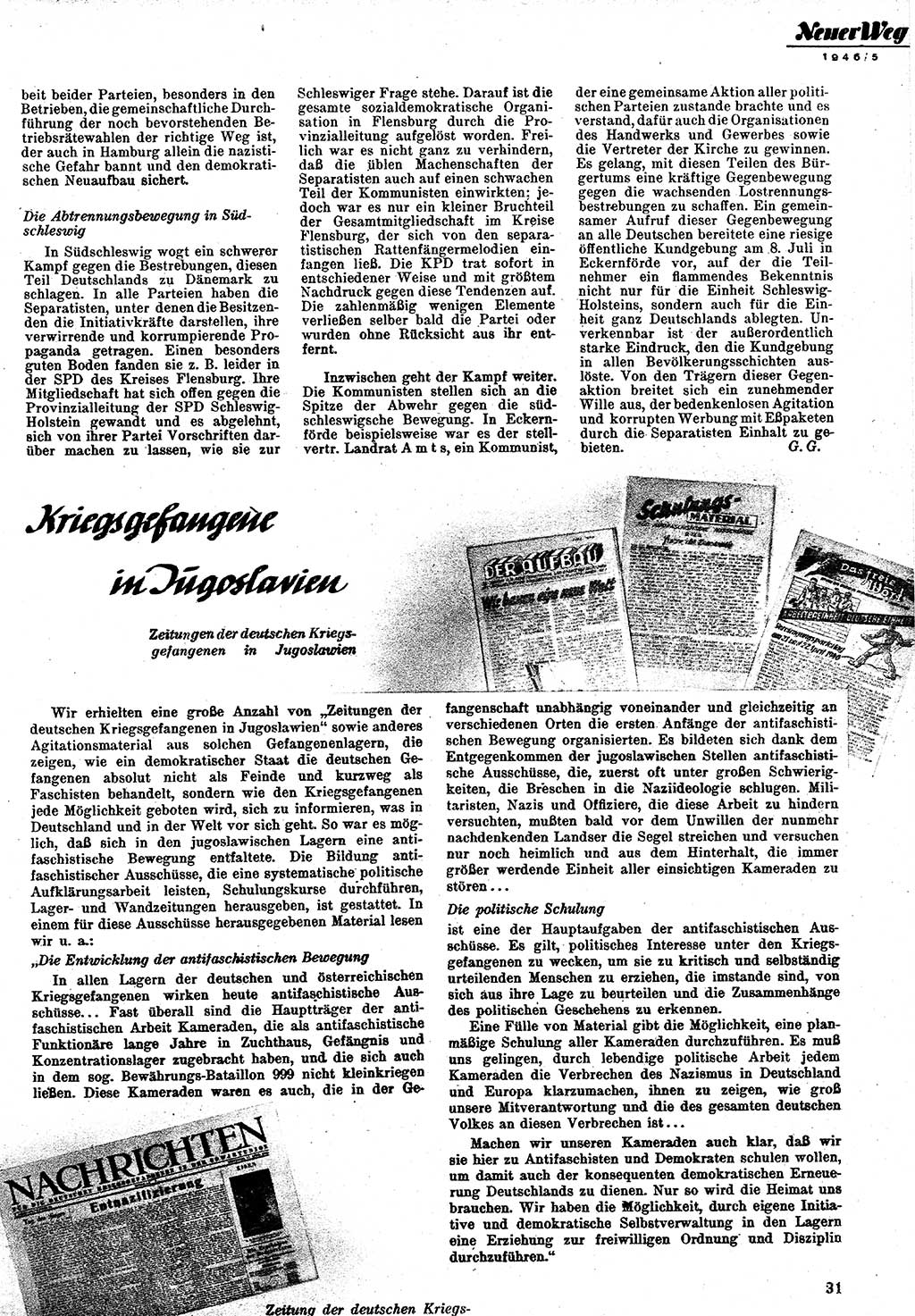 Neuer Weg (NW), Monatsschrift für aktuelle Fragen der Arbeiterbewegung [Zentralkomitee (ZK) Kommunistische Partei Deutschlands (KPD), Sozialistische Einheitspartei Deutschlands (SED)], 1. Jahrgang [Sowjetische Besatzungszone (SBZ) Deutschlands] 1946, Heft 5/31 (NW ZK KPD SED SBZ Dtl. 1946, H. 5/31)