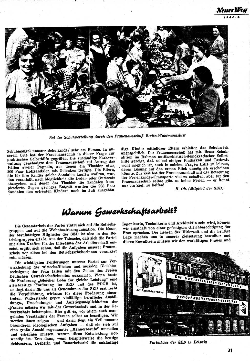 Neuer Weg (NW), Monatsschrift für aktuelle Fragen der Arbeiterbewegung [Zentralkomitee (ZK) Kommunistische Partei Deutschlands (KPD), Sozialistische Einheitspartei Deutschlands (SED)], 1. Jahrgang [Sowjetische Besatzungszone (SBZ) Deutschlands] 1946, Heft 6/31 (NW ZK KPD SED SBZ Dtl. 1946, H. 6/31)
