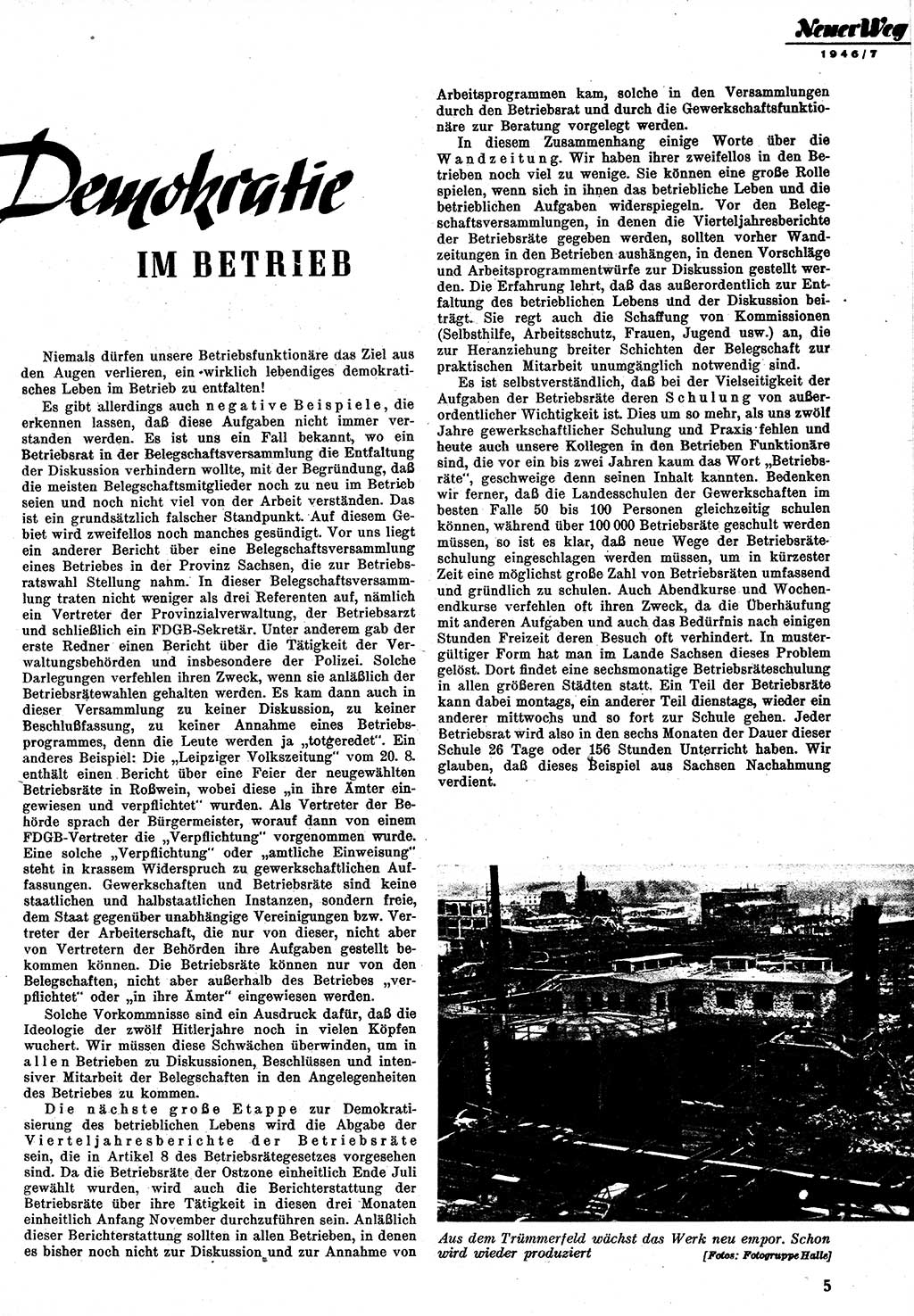 Neuer Weg (NW), Monatsschrift für aktuelle Fragen der Arbeiterbewegung [Zentralkomitee (ZK) Kommunistische Partei Deutschlands (KPD), Sozialistische Einheitspartei Deutschlands (SED)], 1. Jahrgang [Sowjetische Besatzungszone (SBZ) Deutschlands] 1946, Heft 7/5 (NW ZK KPD SED SBZ Dtl. 1946, H. 7/5)