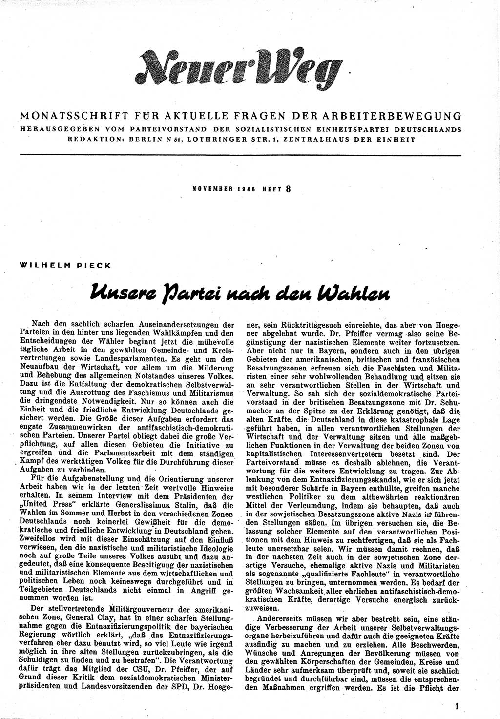 Neuer Weg (NW), Monatsschrift für aktuelle Fragen der Arbeiterbewegung [Zentralkomitee (ZK) Kommunistische Partei Deutschlands (KPD), Sozialistische Einheitspartei Deutschlands (SED)], 1. Jahrgang [Sowjetische Besatzungszone (SBZ) Deutschlands] 1946, Heft 8/1 (NW ZK KPD SED SBZ Dtl. 1946, H. 8/1)